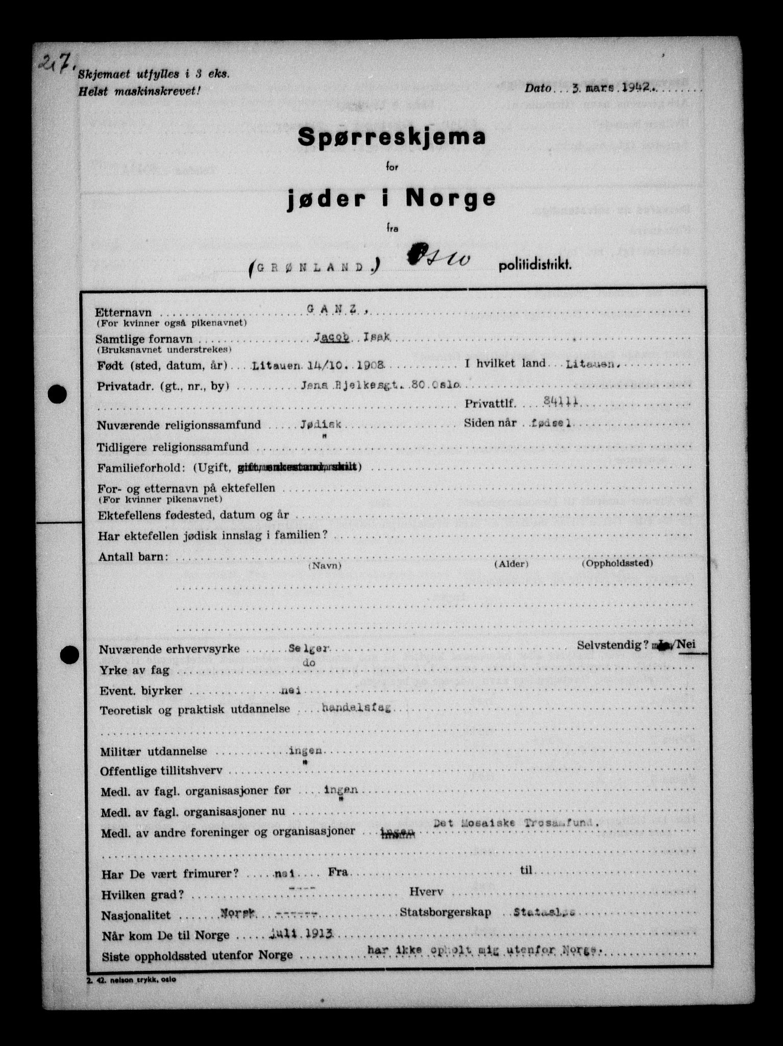 RA, Statspolitiet - Hovedkontoret / Osloavdelingen, G/Ga/L0009: Spørreskjema for jøder i Norge, Oslo Alexander-Gutman, 1942, s. 207