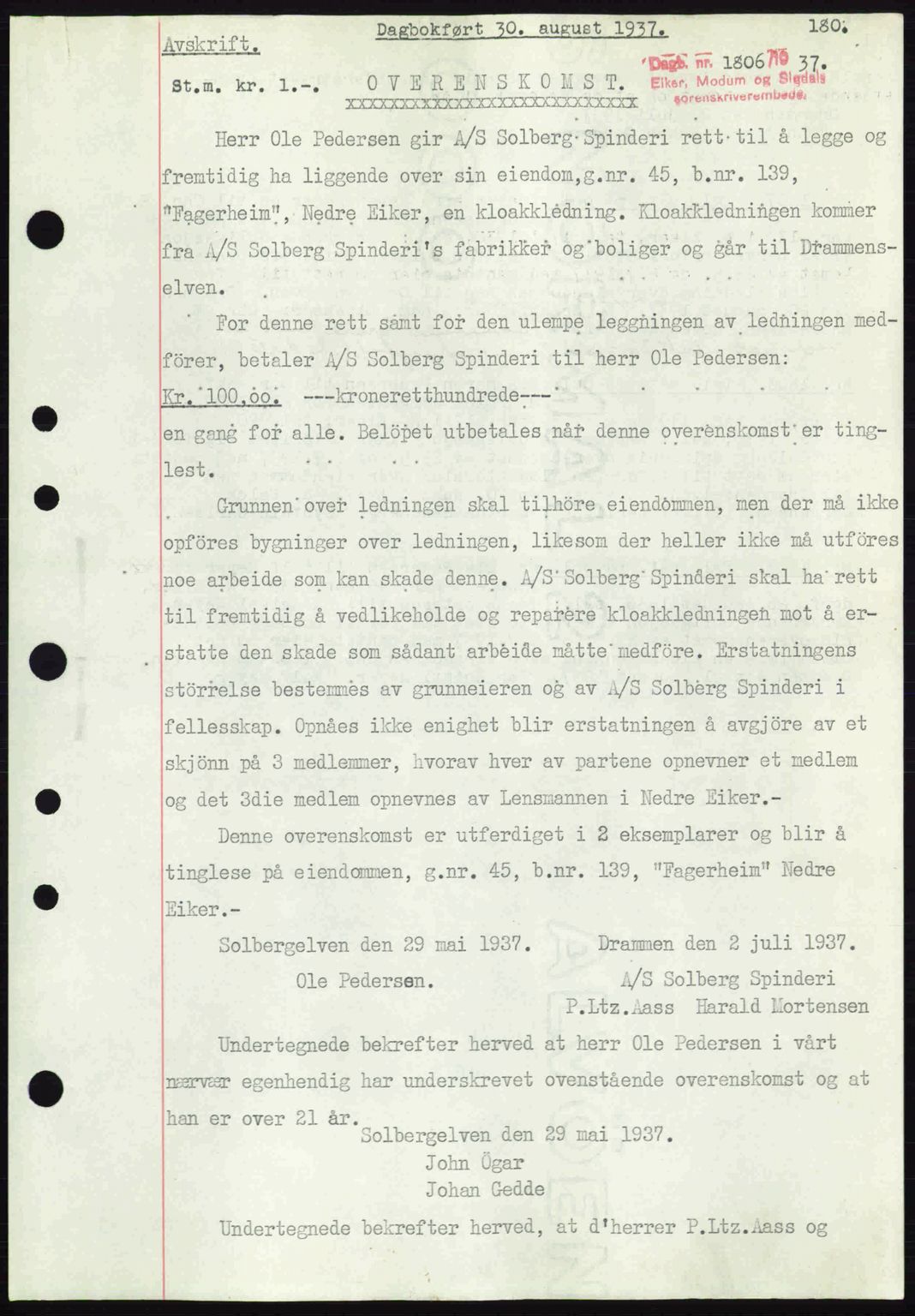 Eiker, Modum og Sigdal sorenskriveri, SAKO/A-123/G/Ga/Gab/L0036: Pantebok nr. A6, 1937-1937, Dagboknr: 1806/1937