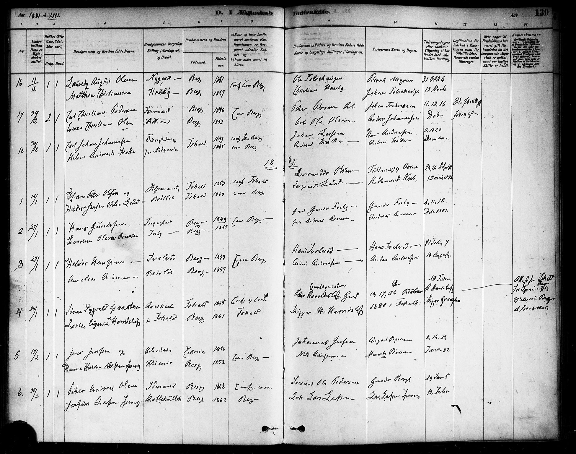 Berg prestekontor Kirkebøker, AV/SAO-A-10902/F/Fa/L0006: Ministerialbok nr. I 6, 1878-1887, s. 139