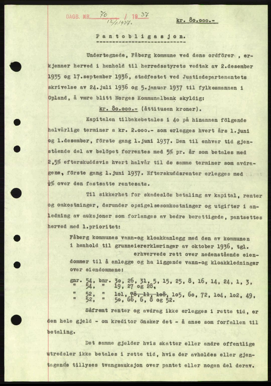 Sør-Gudbrandsdal tingrett, SAH/TING-004/H/Hb/Hbe/L0001: Pantebok nr. B1, 1936-1939, Dagboknr: 70/1937