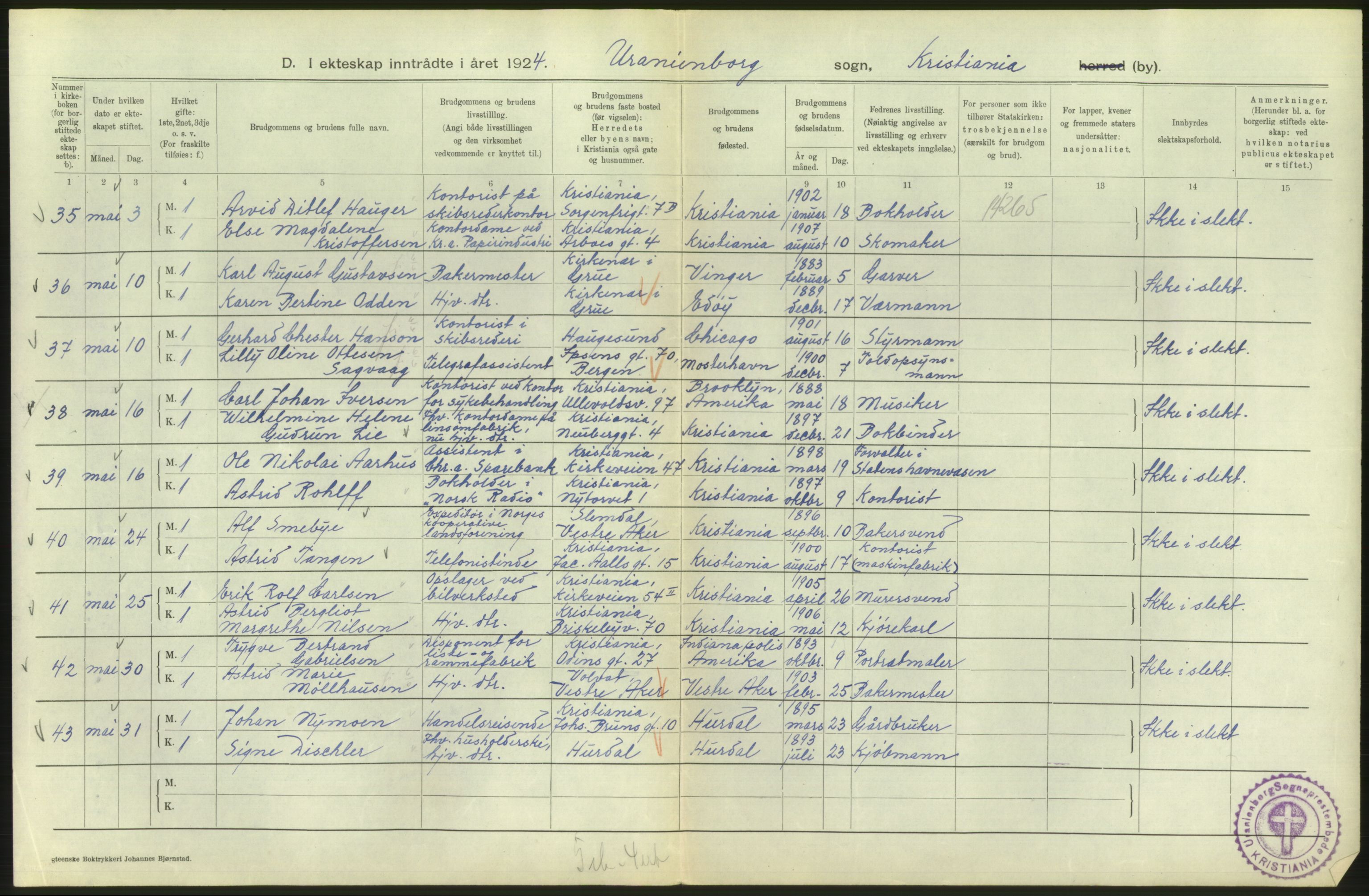 Statistisk sentralbyrå, Sosiodemografiske emner, Befolkning, AV/RA-S-2228/D/Df/Dfc/Dfcd/L0007: Kristiania: Gifte, 1924, s. 178