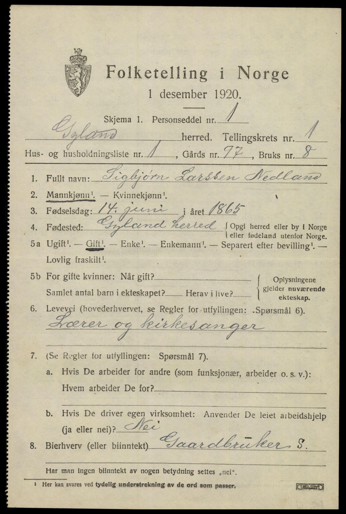 SAK, Folketelling 1920 for 1044 Gyland herred, 1920, s. 452
