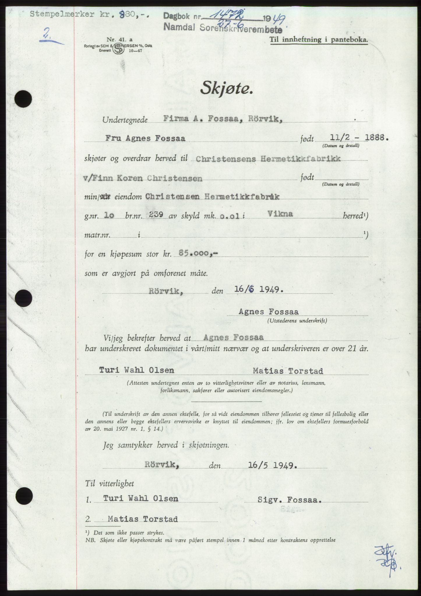 Namdal sorenskriveri, SAT/A-4133/1/2/2C: Pantebok nr. -, 1949-1949, Dagboknr: 1472/1949