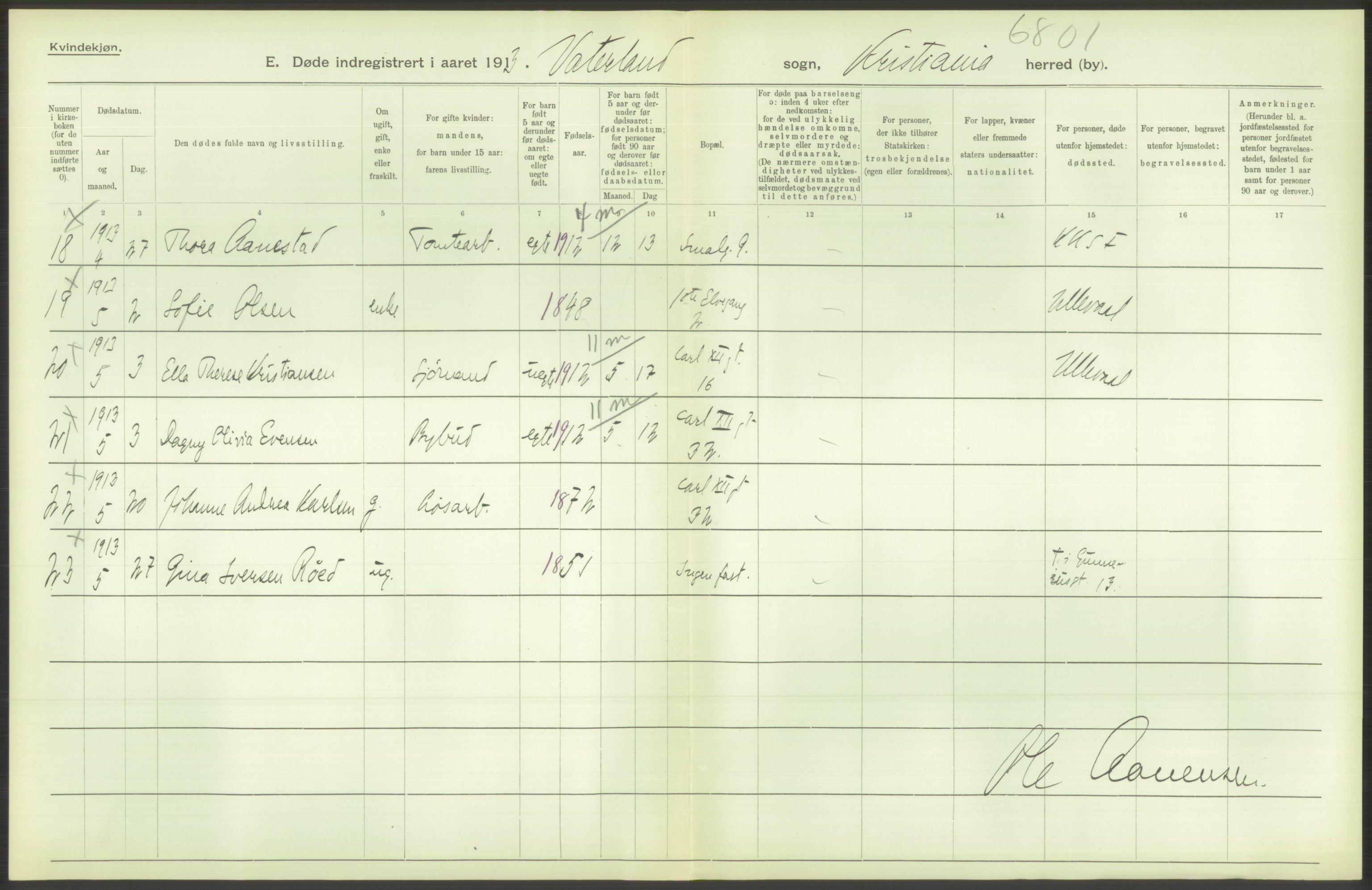 Statistisk sentralbyrå, Sosiodemografiske emner, Befolkning, RA/S-2228/D/Df/Dfb/Dfbc/L0010: Kristiania: Døde, dødfødte., 1913, s. 364