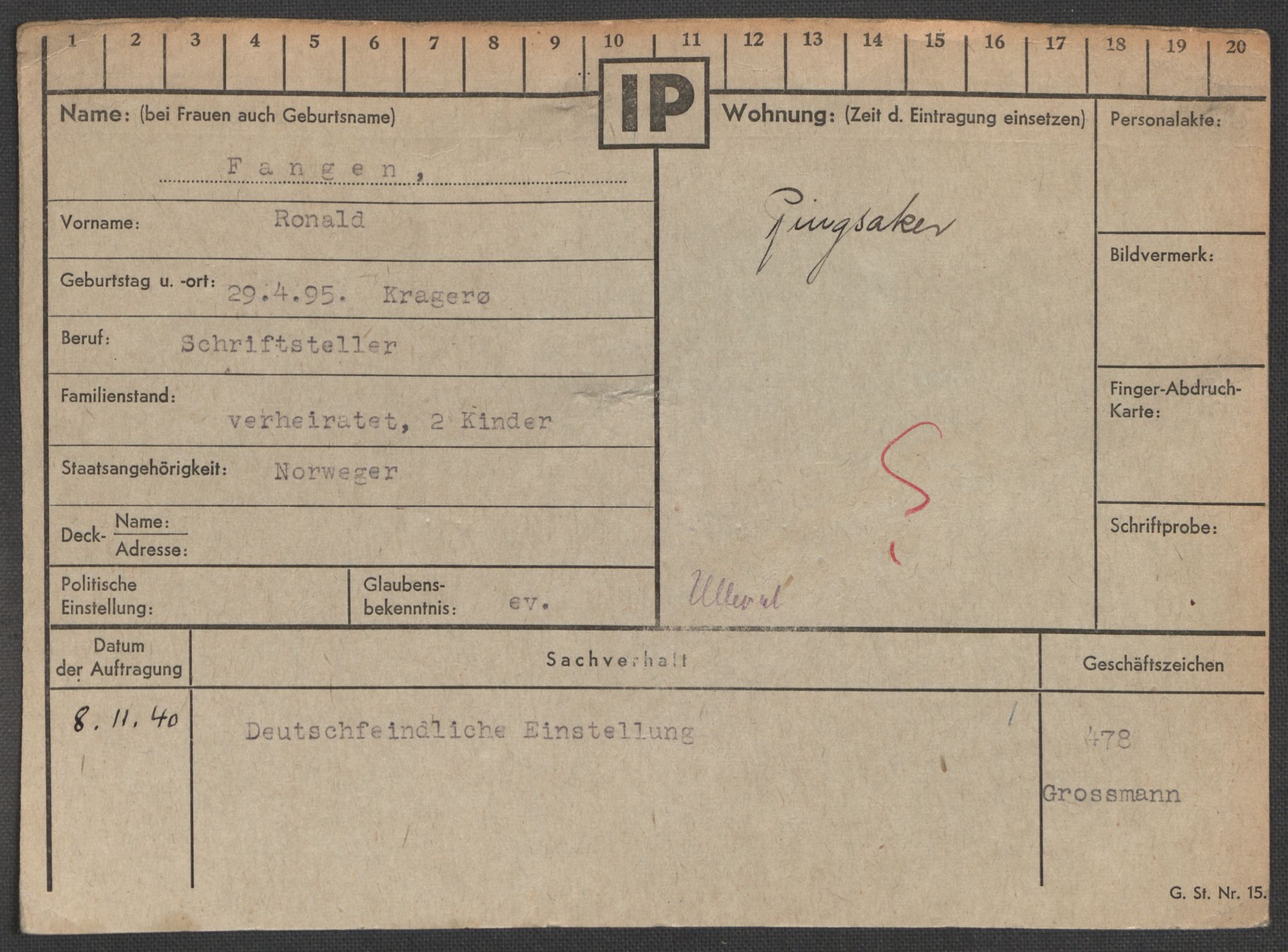 Befehlshaber der Sicherheitspolizei und des SD, AV/RA-RAFA-5969/E/Ea/Eaa/L0003: Register over norske fanger i Møllergata 19: Eng-Hag, 1940-1945, s. 266