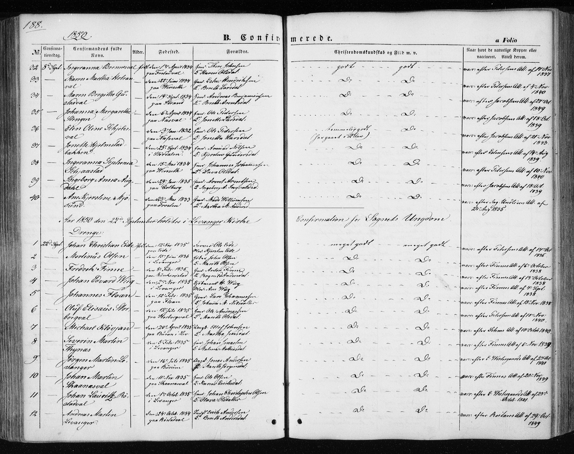 Ministerialprotokoller, klokkerbøker og fødselsregistre - Nord-Trøndelag, AV/SAT-A-1458/717/L0154: Ministerialbok nr. 717A07 /1, 1850-1862, s. 188