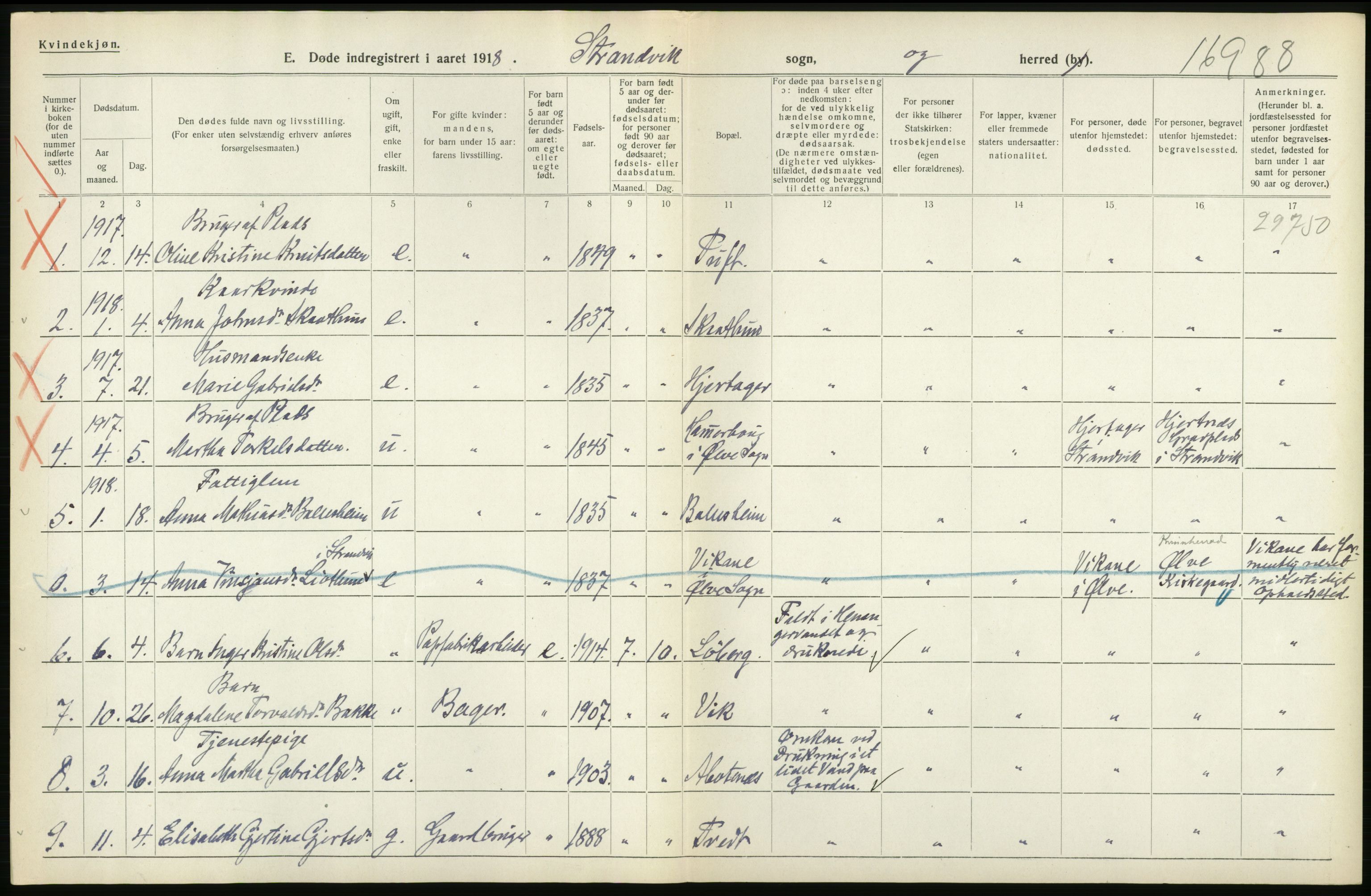 Statistisk sentralbyrå, Sosiodemografiske emner, Befolkning, AV/RA-S-2228/D/Df/Dfb/Dfbh/L0036: Hordaland fylke: Døde., 1918, s. 452