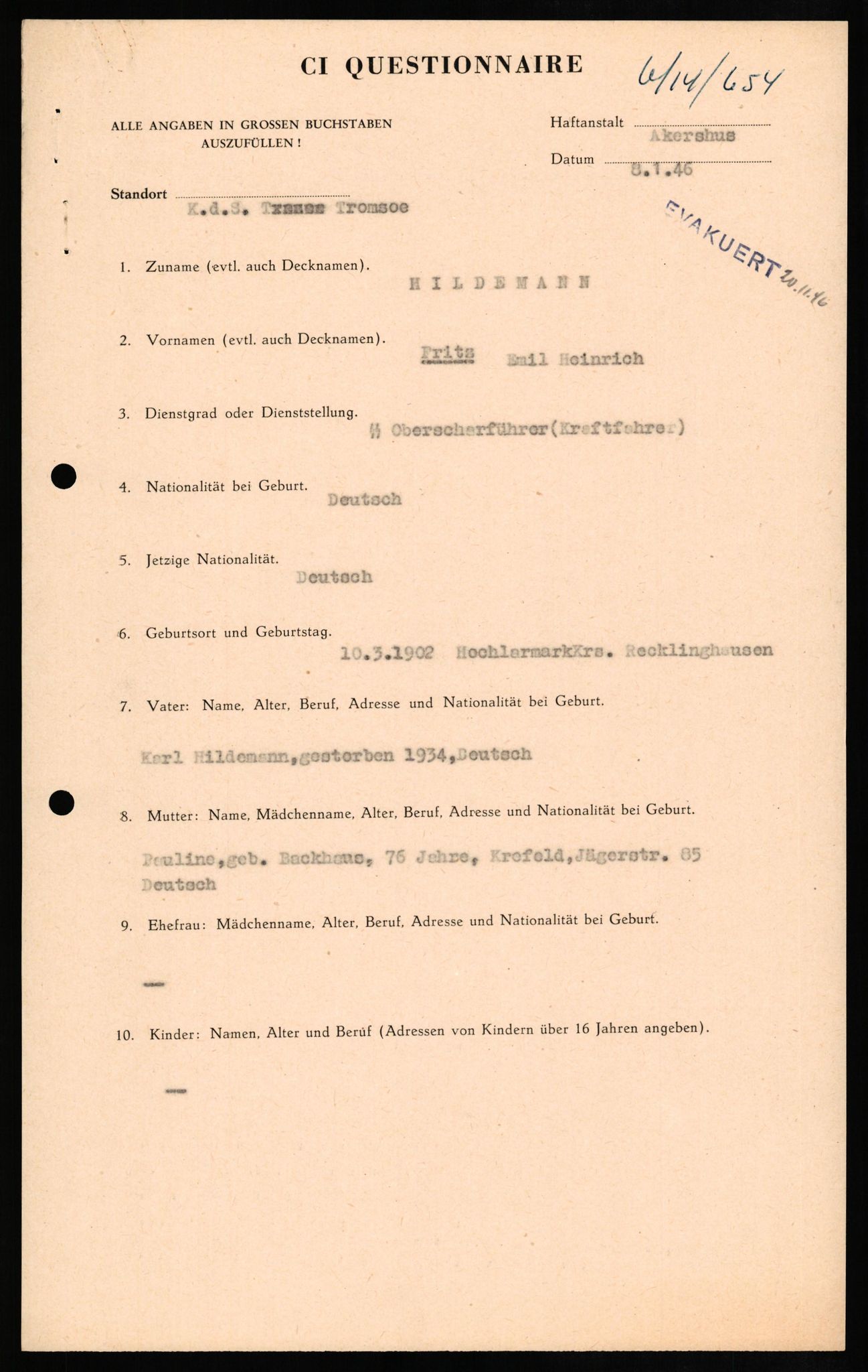 Forsvaret, Forsvarets overkommando II, AV/RA-RAFA-3915/D/Db/L0013: CI Questionaires. Tyske okkupasjonsstyrker i Norge. Tyskere., 1945-1946, s. 199