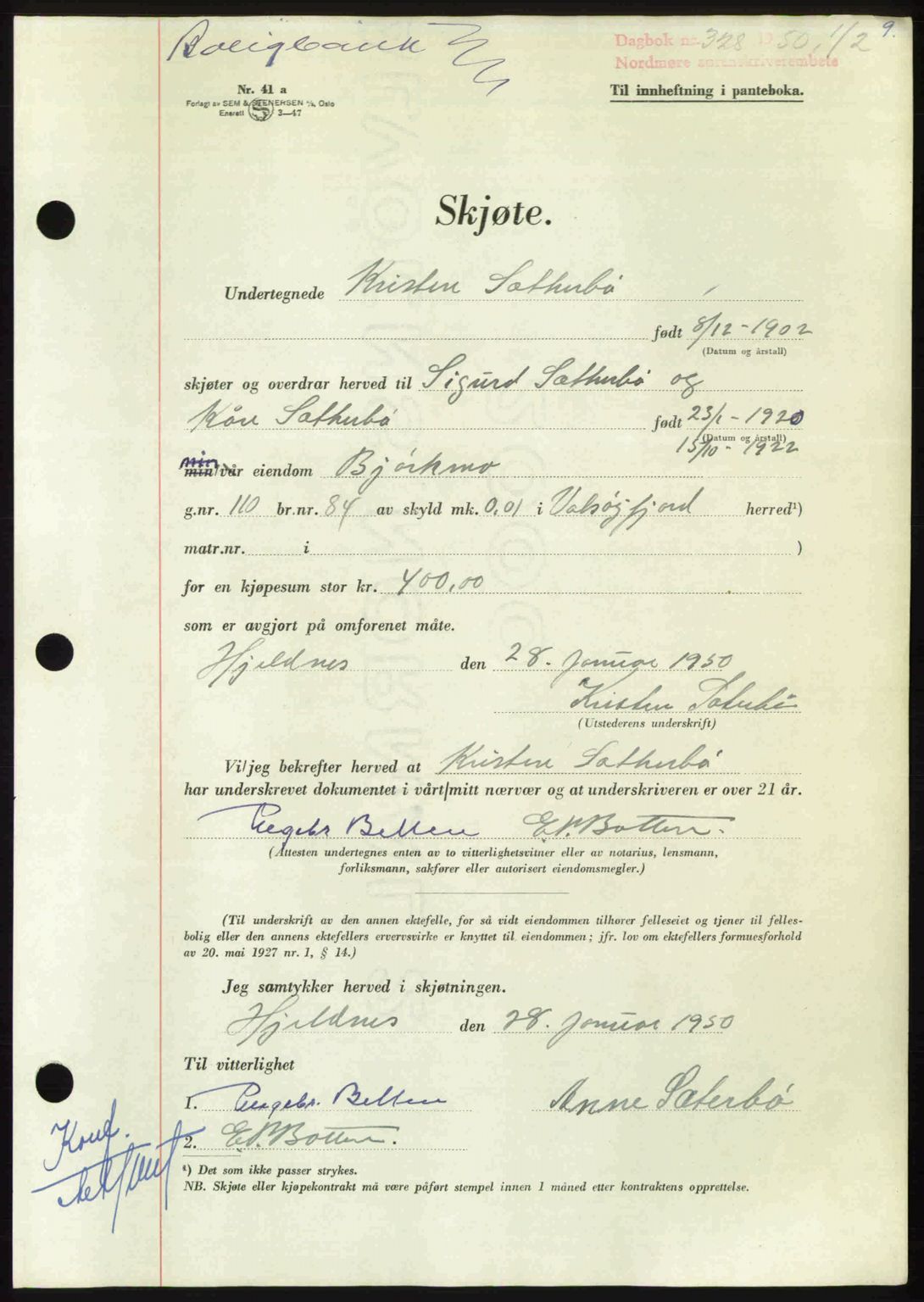 Nordmøre sorenskriveri, AV/SAT-A-4132/1/2/2Ca: Pantebok nr. A114, 1950-1950, Dagboknr: 328/1950