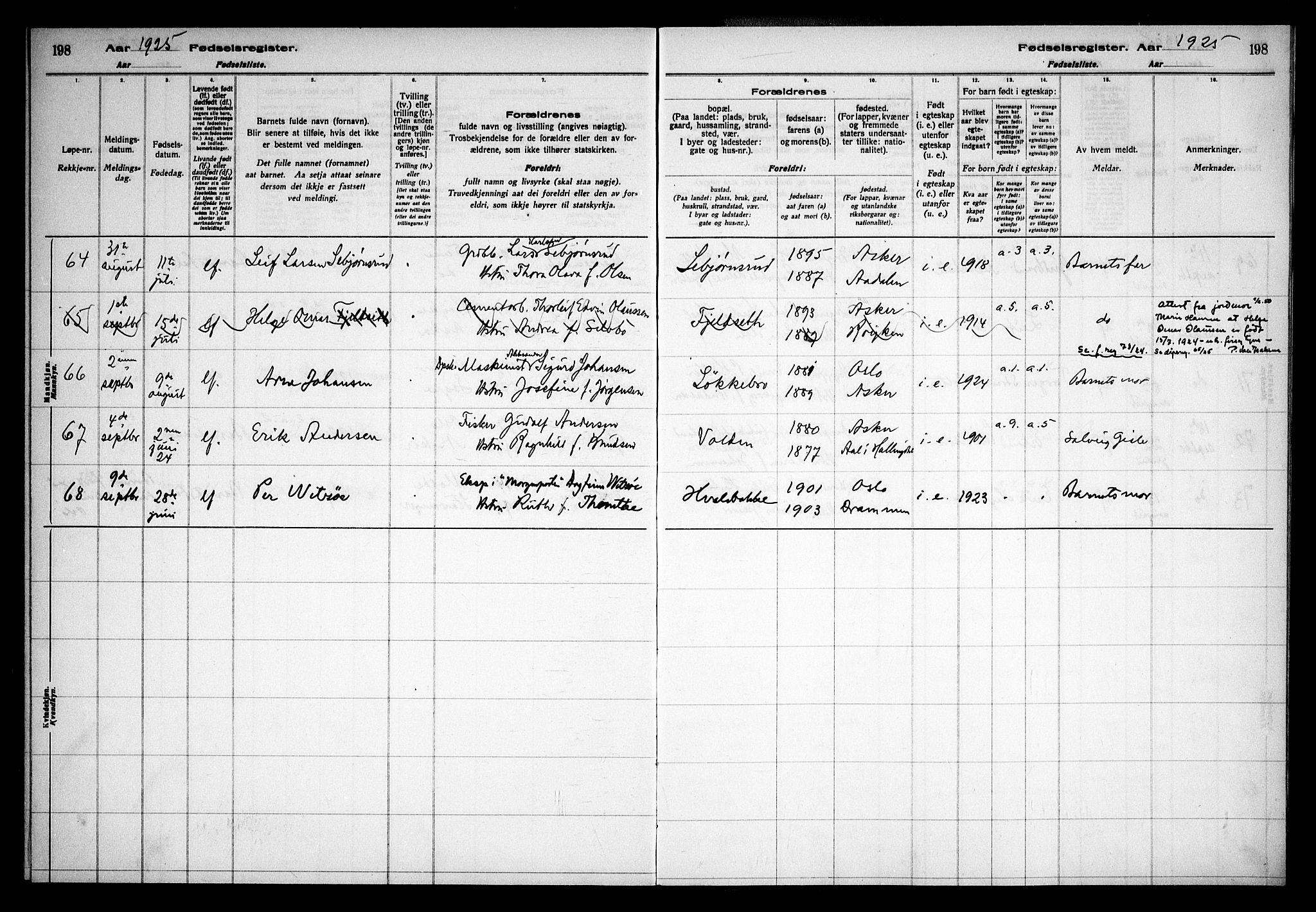 Asker prestekontor Kirkebøker, SAO/A-10256a/J/L0001: Fødselsregister nr. 1, 1916-1925, s. 198