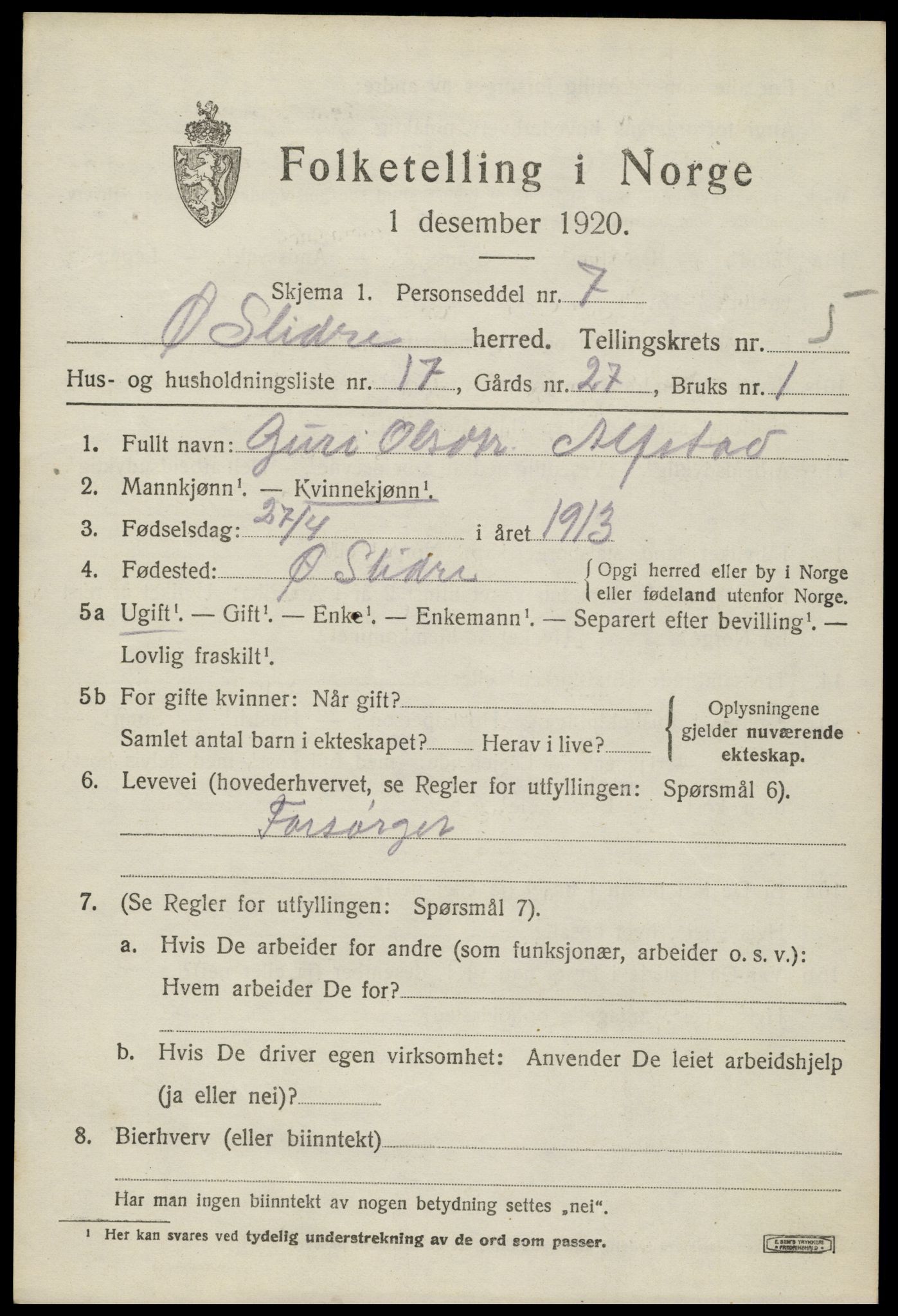 SAH, Folketelling 1920 for 0544 Øystre Slidre herred, 1920, s. 3039