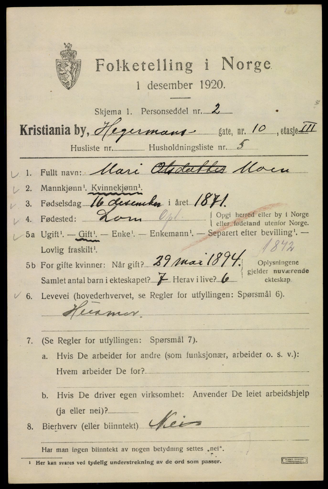 SAO, Folketelling 1920 for 0301 Kristiania kjøpstad, 1920, s. 278609