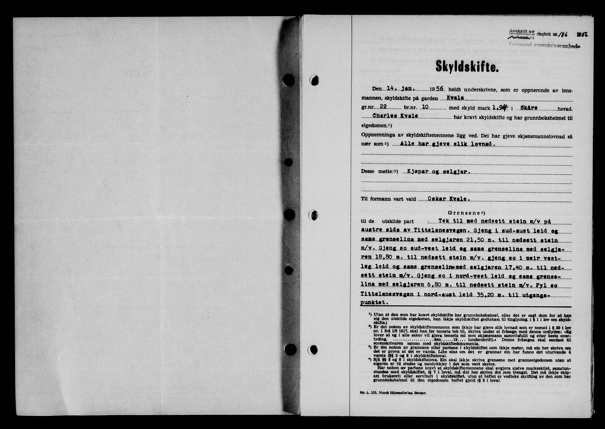 Karmsund sorenskriveri, SAST/A-100311/01/II/IIB/L0118: Pantebok nr. 98A, 1955-1956, Dagboknr: 186/1956