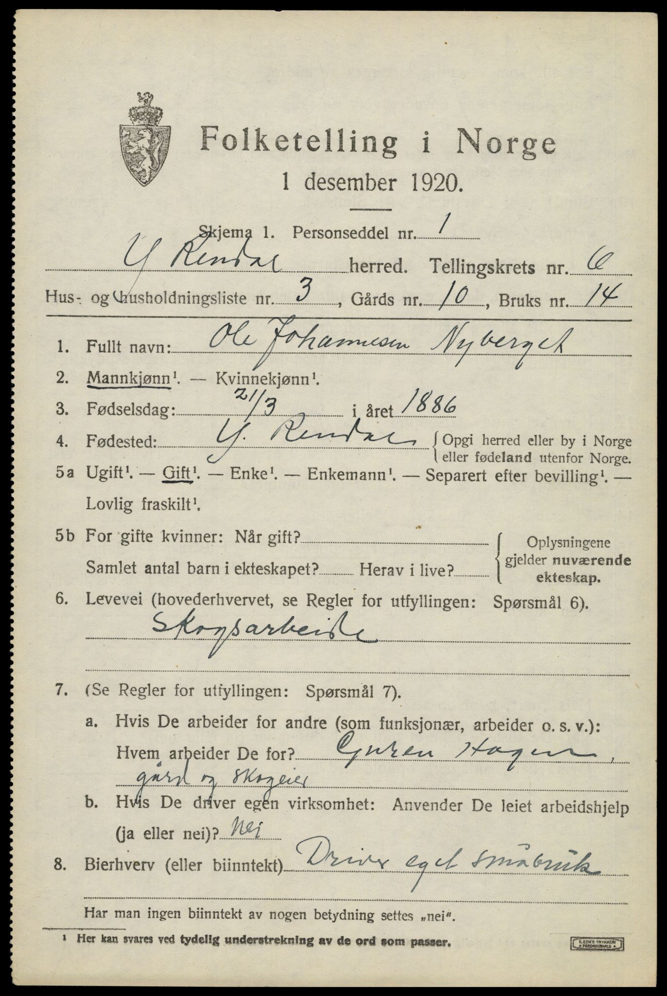 SAH, Folketelling 1920 for 0432 Ytre Rendal herred, 1920, s. 3345