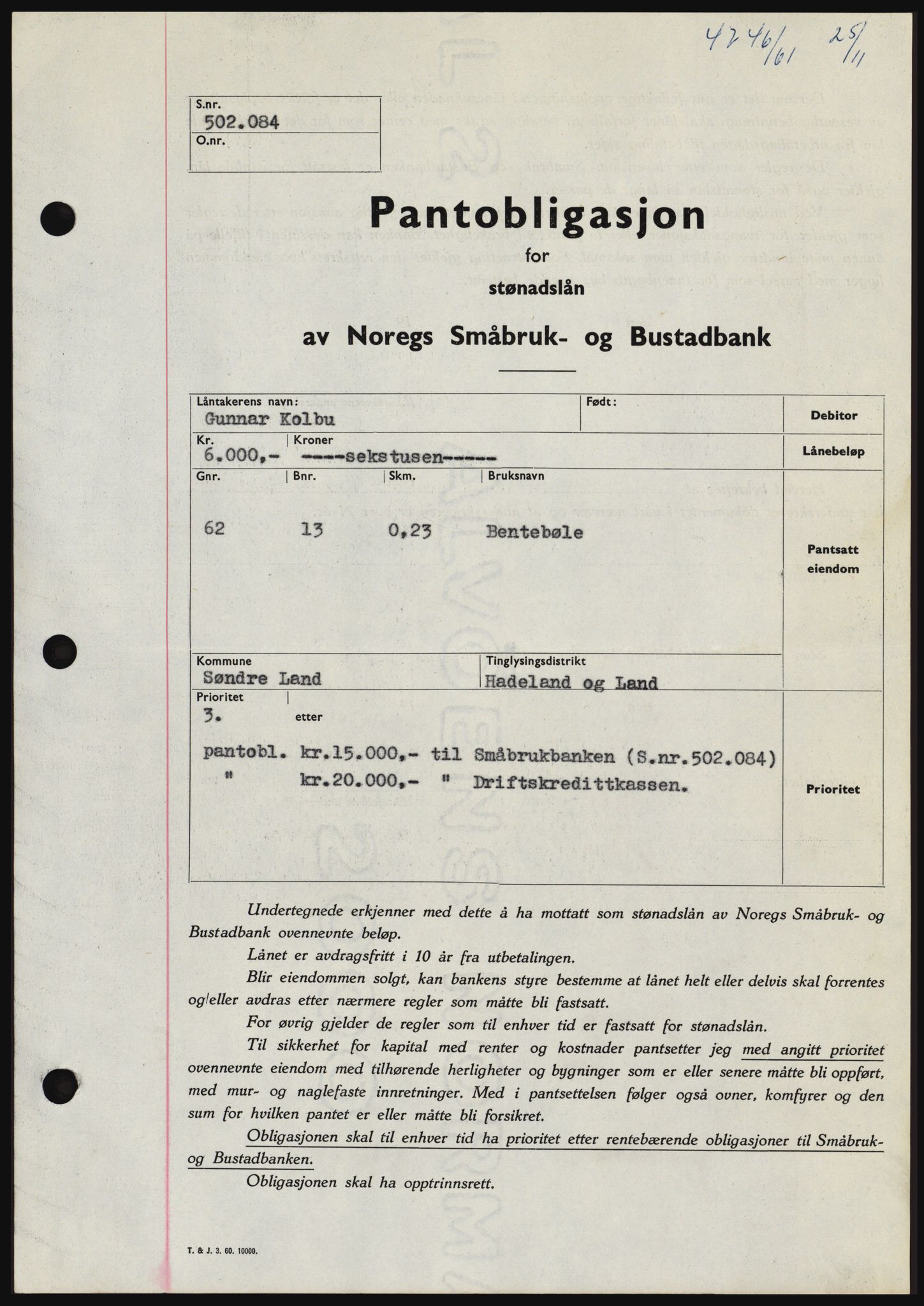 Hadeland og Land tingrett, SAH/TING-010/H/Hb/Hbc/L0047: Pantebok nr. B47, 1961-1962, Dagboknr: 4746/1961