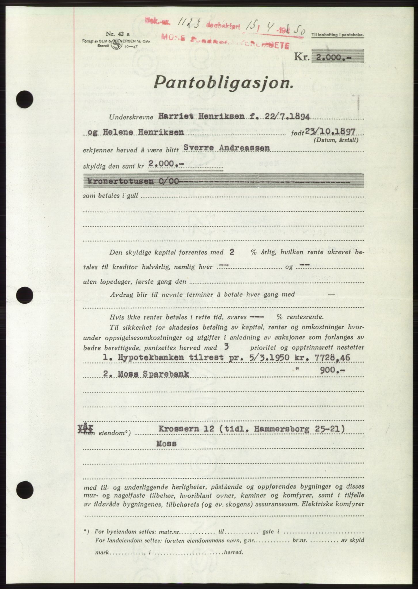 Moss sorenskriveri, AV/SAO-A-10168: Pantebok nr. B24, 1950-1950, Dagboknr: 1123/1950