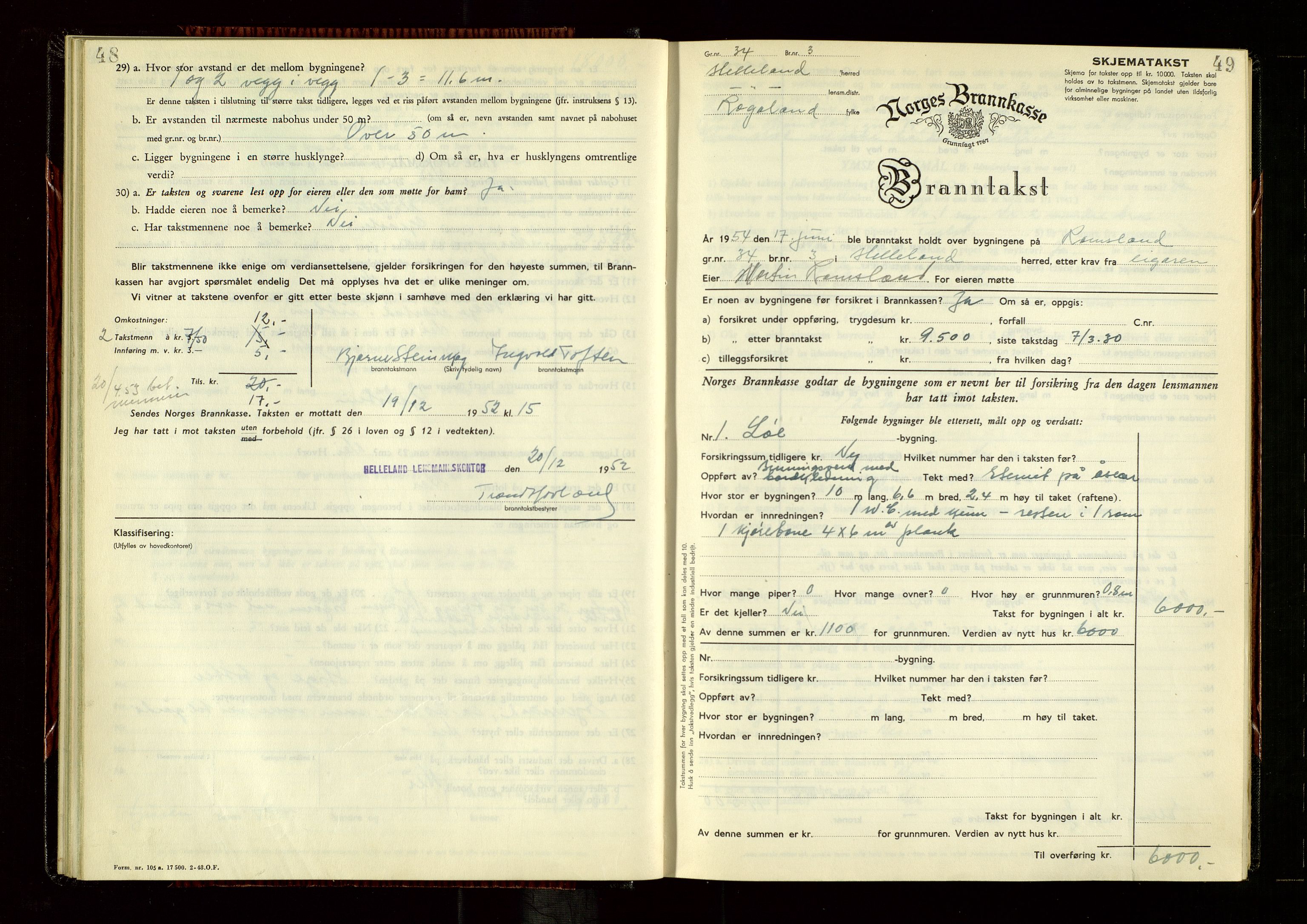 Helleland lensmannskontor, AV/SAST-A-100209/Gob/L0005: "Brandtakstprotokoll", 1950-1955, s. 48-49