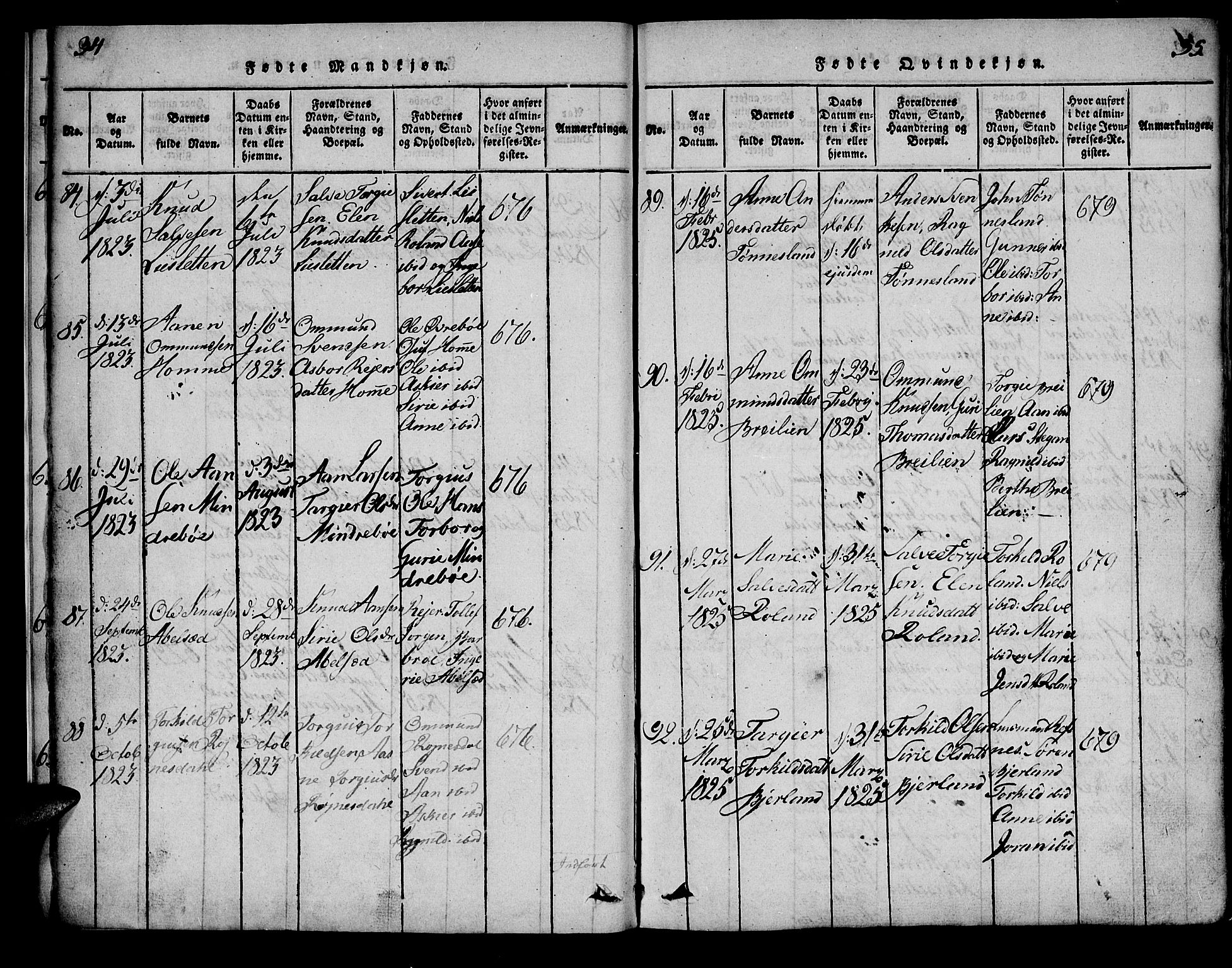 Bjelland sokneprestkontor, SAK/1111-0005/F/Fa/Faa/L0002: Ministerialbok nr. A 2, 1816-1866, s. 34-35