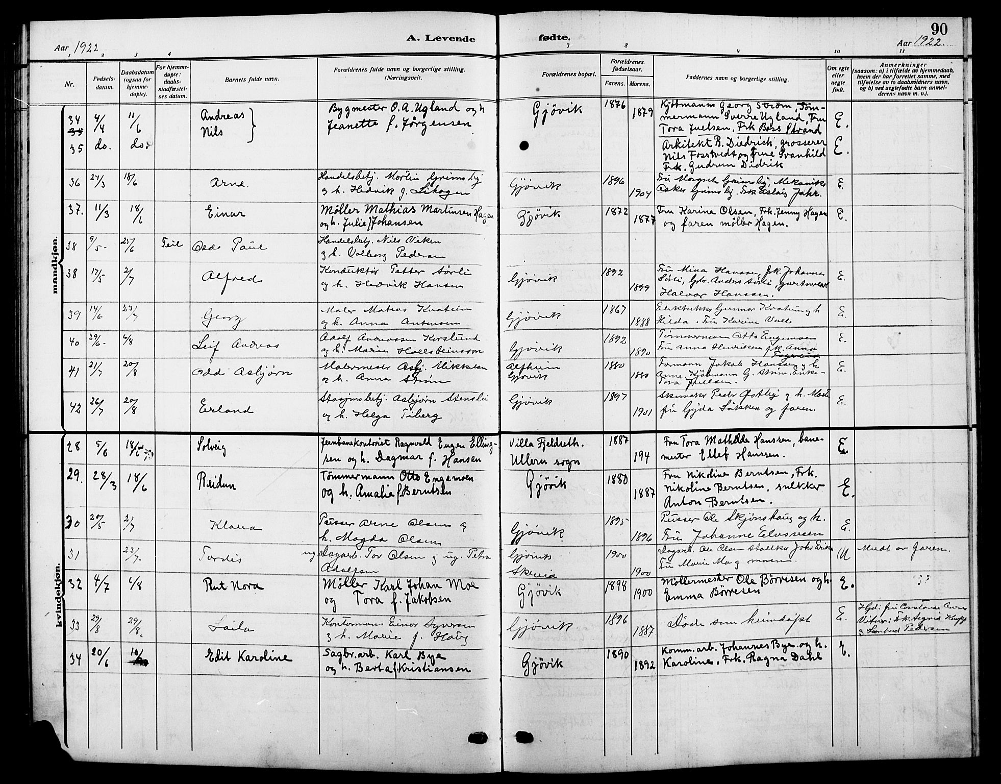 Vardal prestekontor, AV/SAH-PREST-100/H/Ha/Hab/L0014: Klokkerbok nr. 14, 1911-1922, s. 90