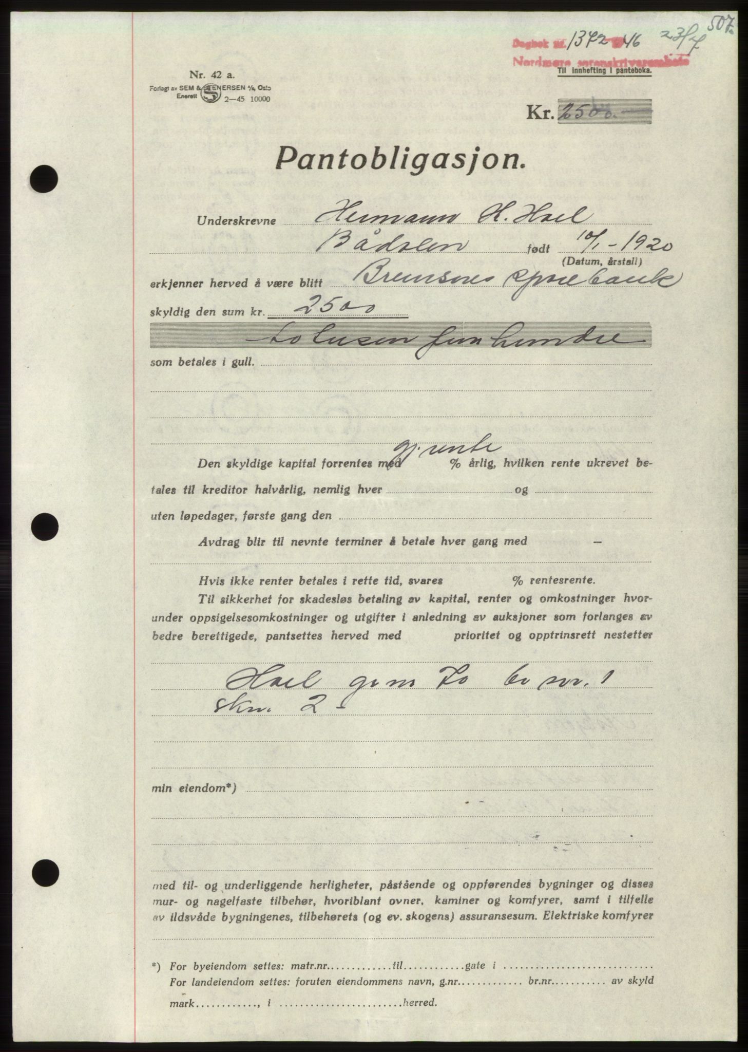 Nordmøre sorenskriveri, AV/SAT-A-4132/1/2/2Ca: Pantebok nr. B94, 1946-1946, Dagboknr: 1372/1946