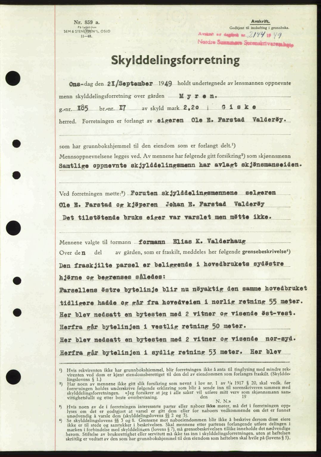 Nordre Sunnmøre sorenskriveri, SAT/A-0006/1/2/2C/2Ca: Pantebok nr. A32, 1949-1949, Dagboknr: 2144/1949