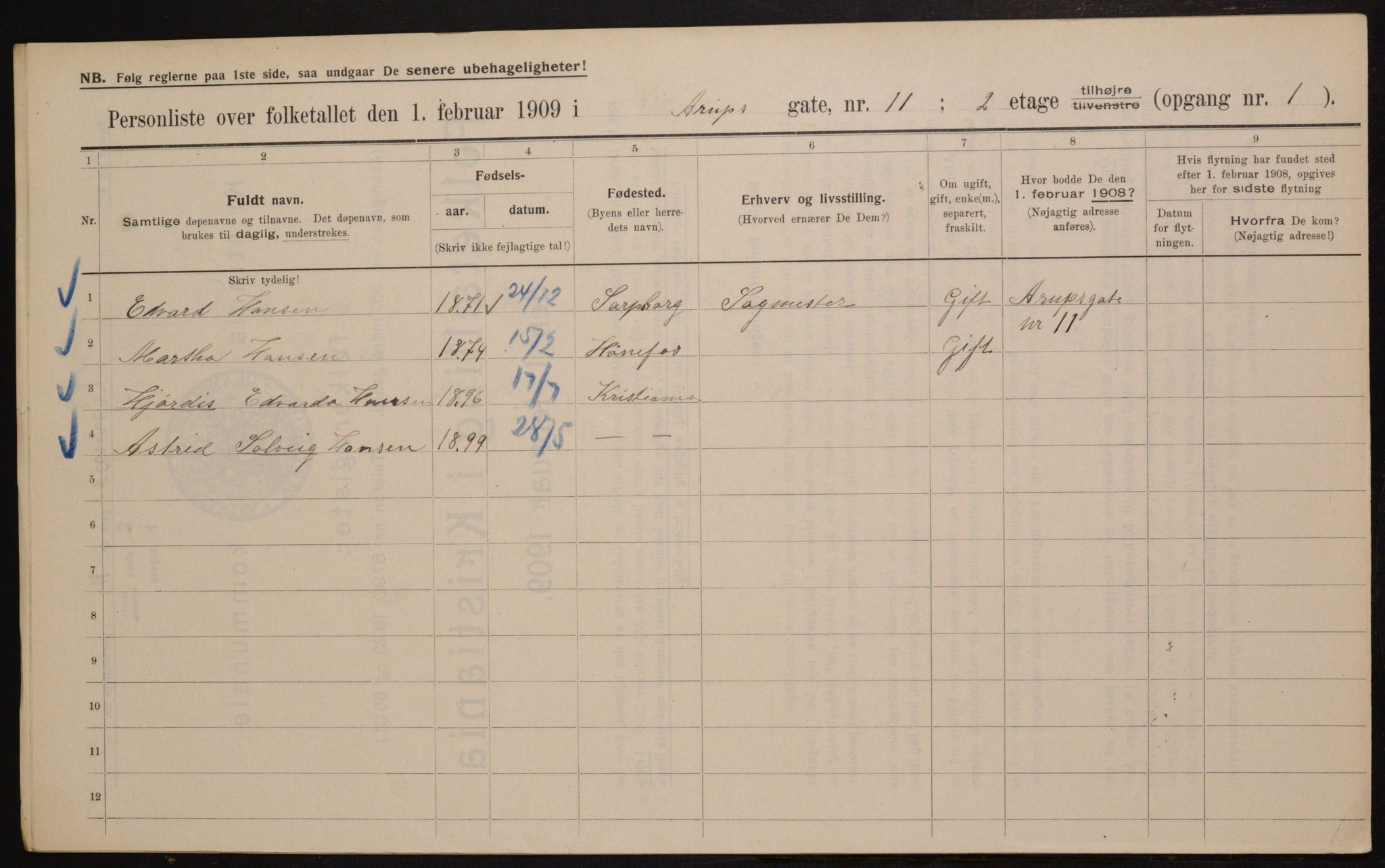 OBA, Kommunal folketelling 1.2.1909 for Kristiania kjøpstad, 1909, s. 2125