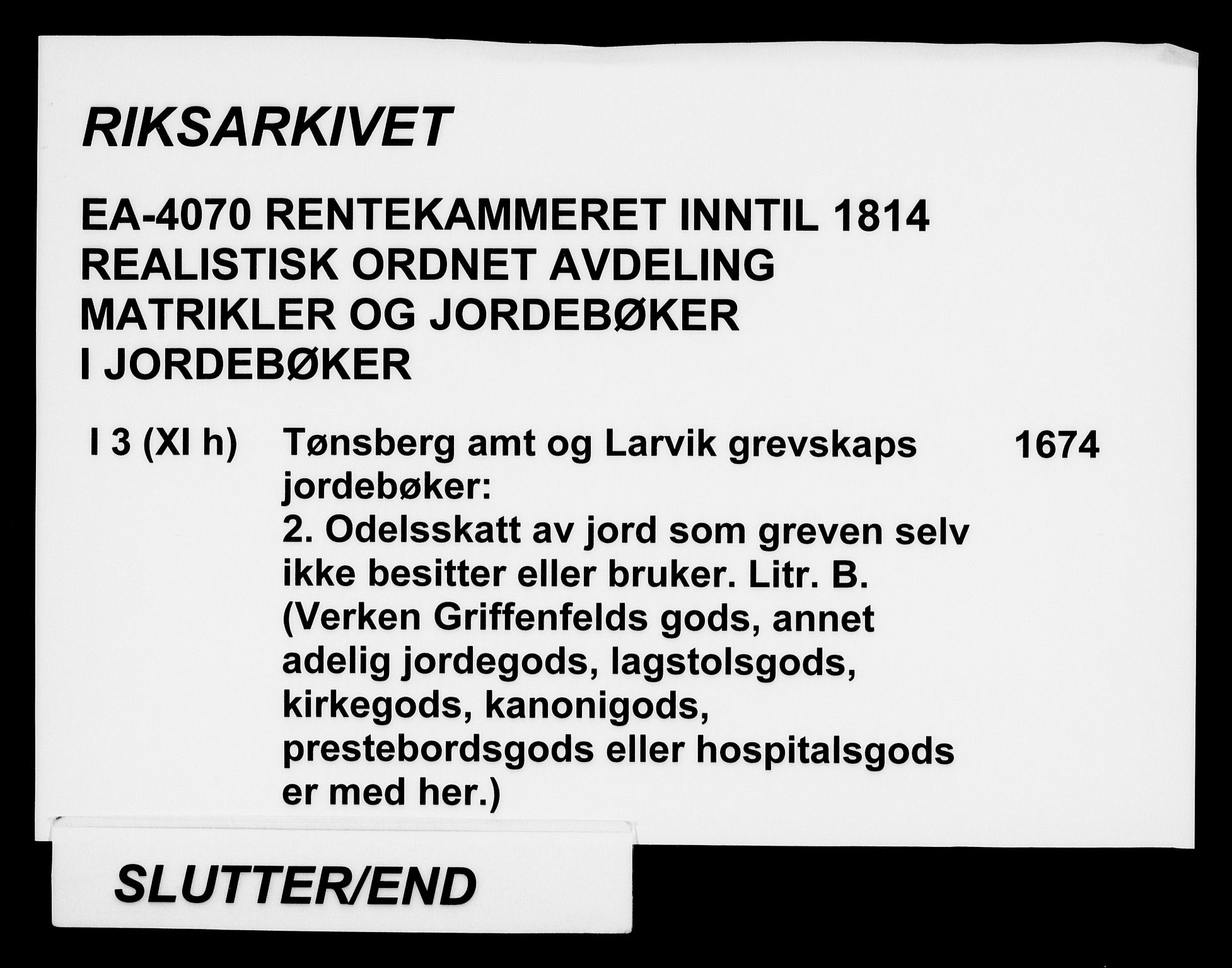 Rentekammeret inntil 1814, Realistisk ordnet avdeling, AV/RA-EA-4070/N/Na/L0003/0002: [XI h]: Tønsbergs amt og Larvik grevskaps jordebøker: / (B) Odelsskatt av jord som greven selv ikke besitter eller bruker., 1674