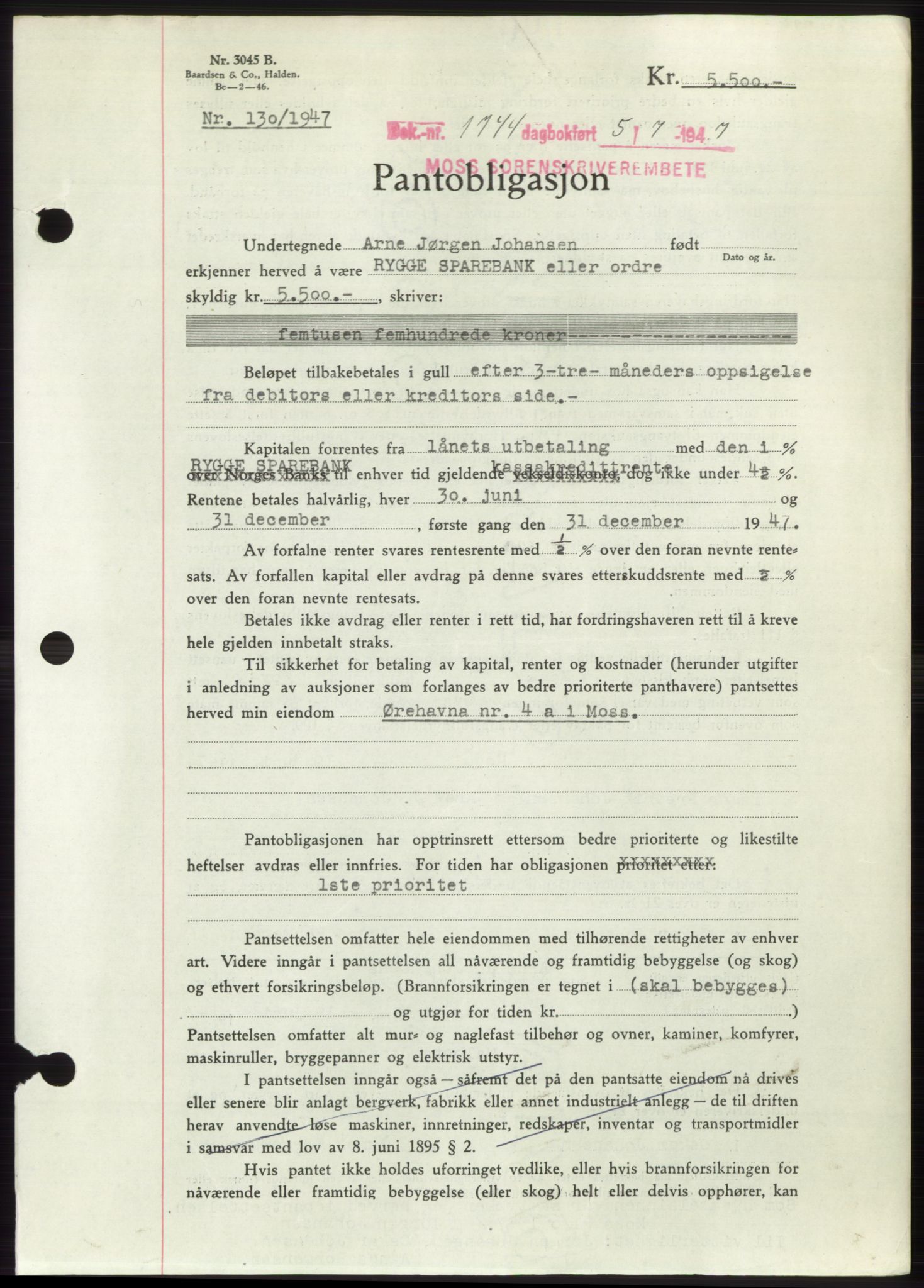 Moss sorenskriveri, SAO/A-10168: Pantebok nr. B17, 1947-1947, Dagboknr: 1744/1947