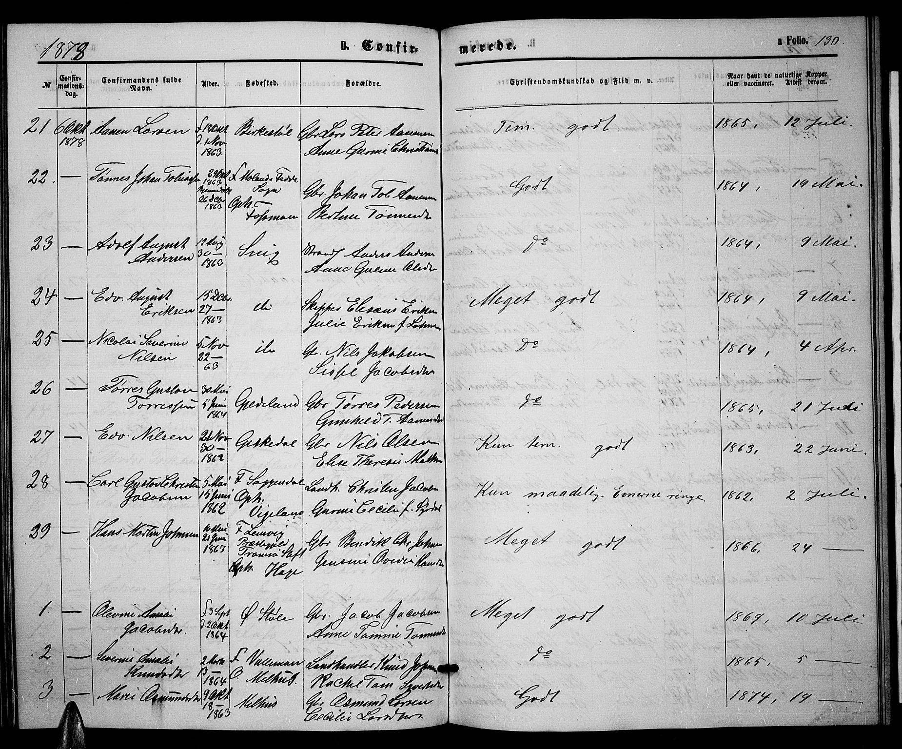 Sør-Audnedal sokneprestkontor, AV/SAK-1111-0039/F/Fb/Fbb/L0004: Klokkerbok nr. B 4, 1868-1879, s. 130