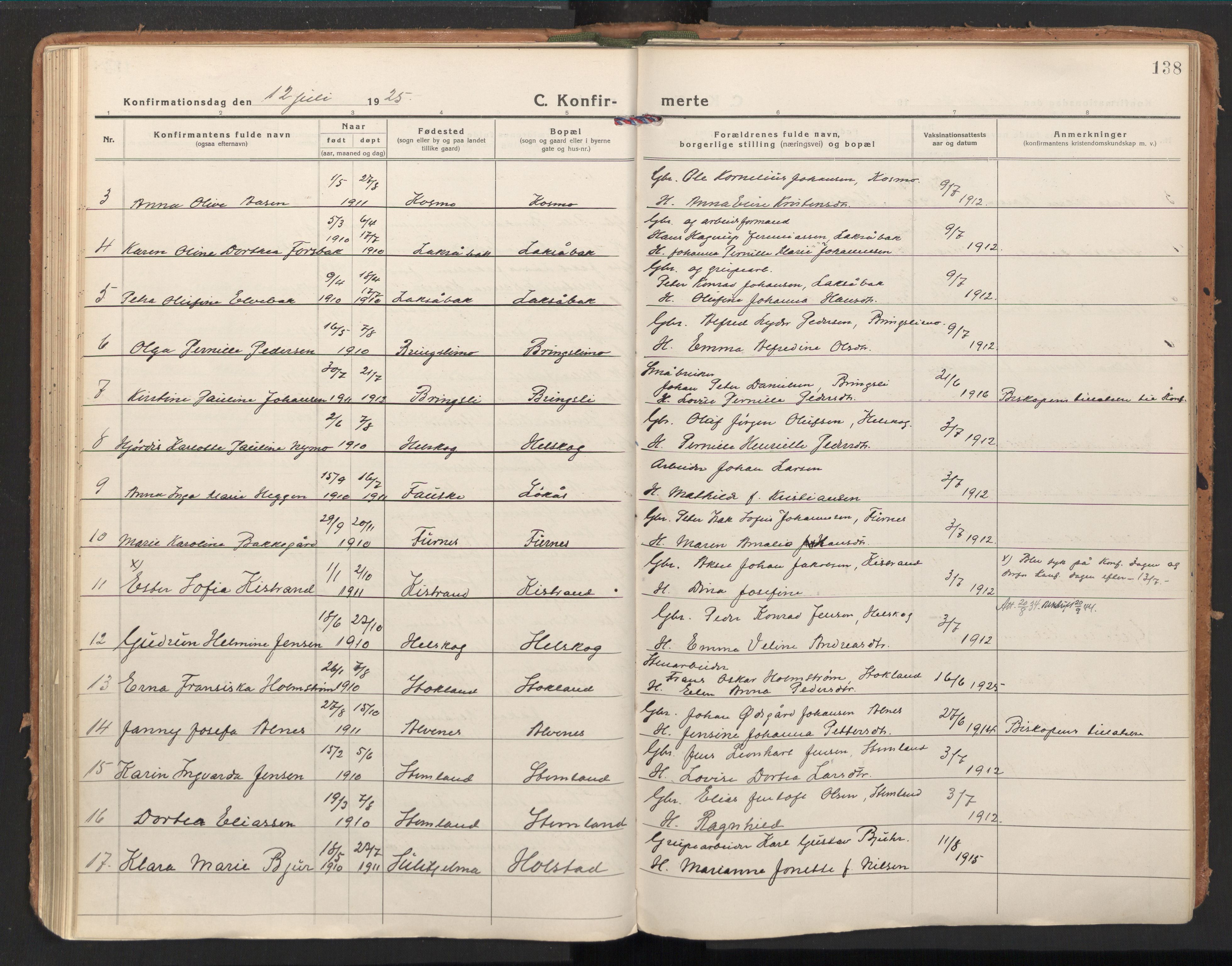 Ministerialprotokoller, klokkerbøker og fødselsregistre - Nordland, AV/SAT-A-1459/851/L0725: Ministerialbok nr. 851A02, 1922-1944, s. 138