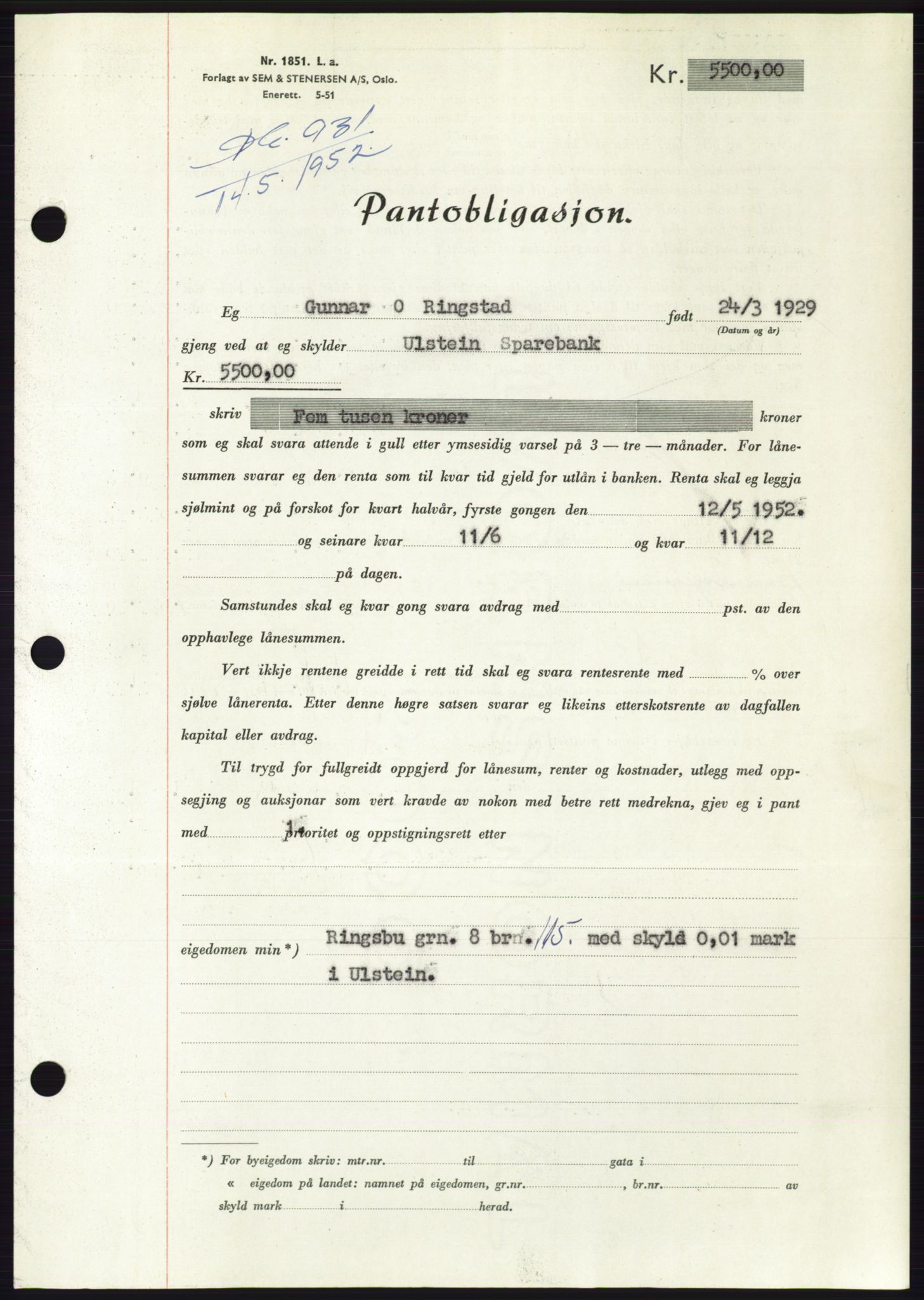 Søre Sunnmøre sorenskriveri, AV/SAT-A-4122/1/2/2C/L0121: Pantebok nr. 9B, 1951-1952, Dagboknr: 931/1952