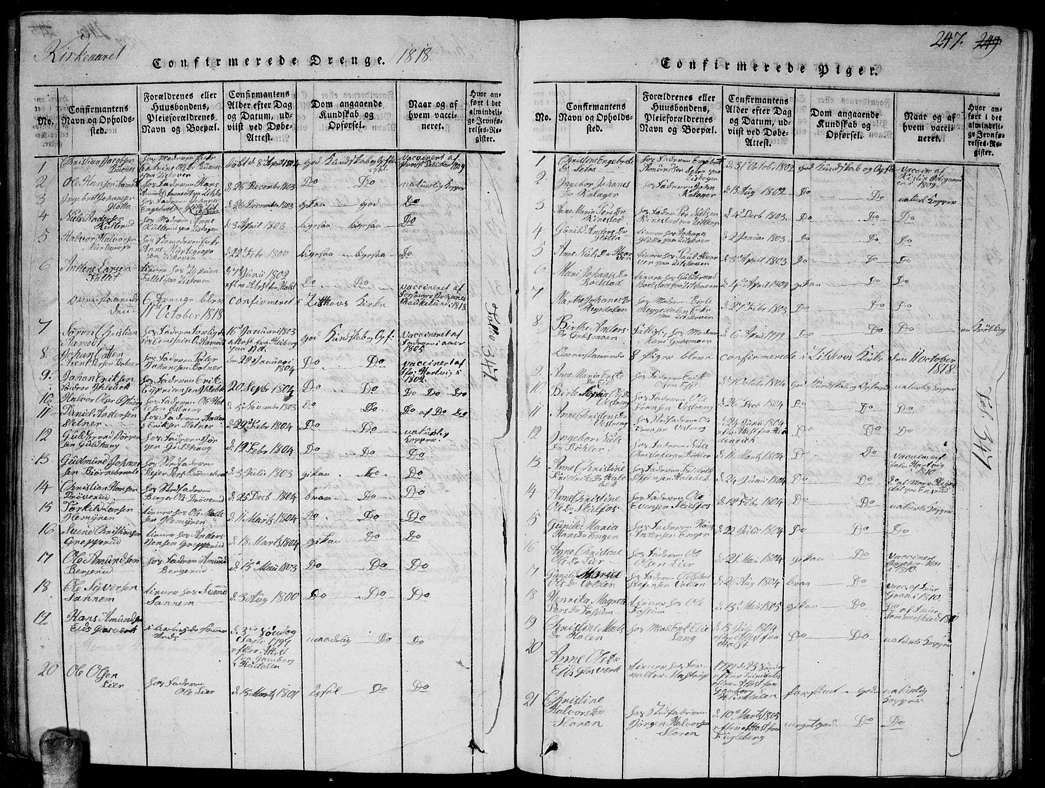 Høland prestekontor Kirkebøker, AV/SAO-A-10346a/G/Ga/L0001: Klokkerbok nr. I 1, 1814-1827, s. 247