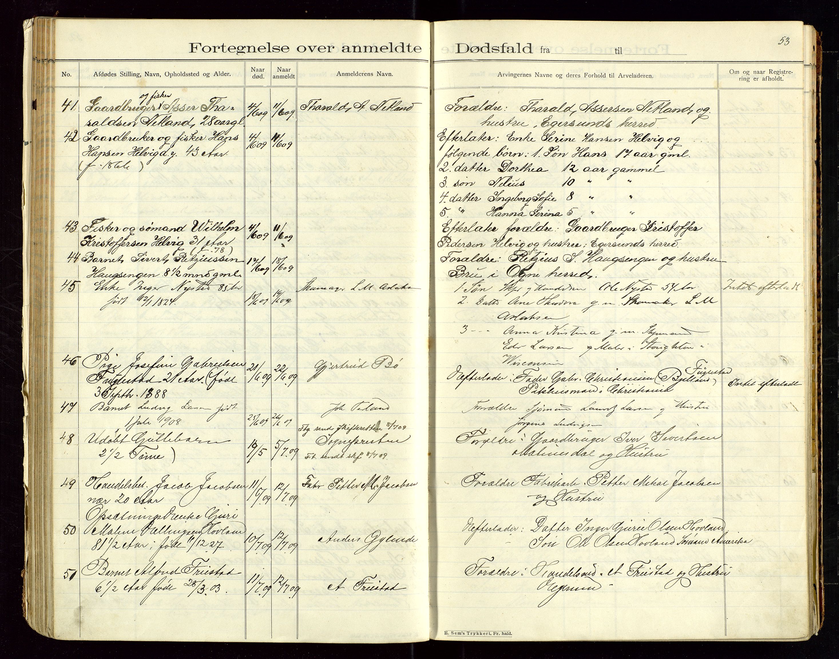 Eigersund lensmannskontor, AV/SAST-A-100171/Gga/L0005: "Dødsfalds-Protokol" m/alfabetisk navneregister, 1905-1913, s. 53