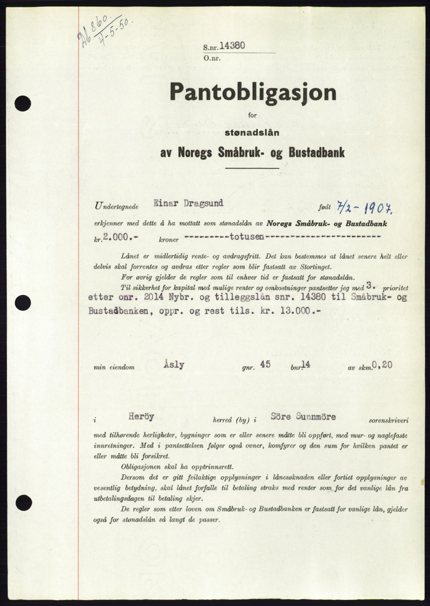 Søre Sunnmøre sorenskriveri, SAT/A-4122/1/2/2C/L0118: Pantebok nr. 6B, 1949-1950, Dagboknr: 860/1950