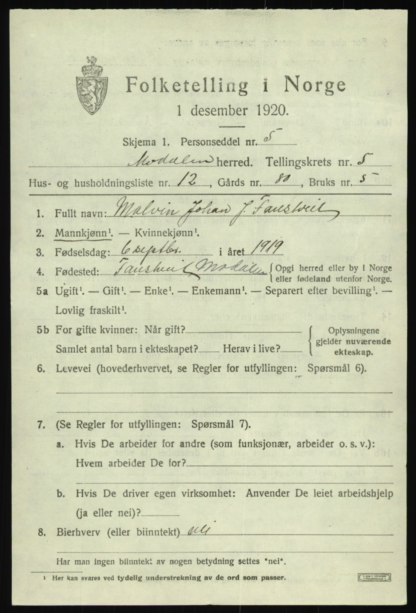 SAB, Folketelling 1920 for 1252 Modalen herred, 1920, s. 1122