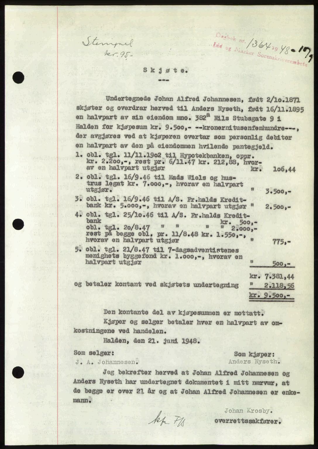 Idd og Marker sorenskriveri, SAO/A-10283/G/Gb/Gbb/L0011: Pantebok nr. A11, 1948-1949, Dagboknr: 1364/1948