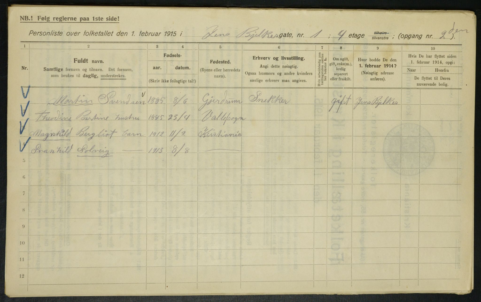 OBA, Kommunal folketelling 1.2.1915 for Kristiania, 1915, s. 45007