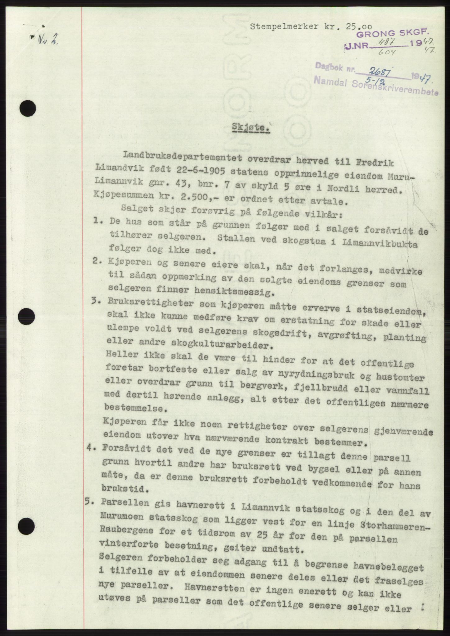 Namdal sorenskriveri, SAT/A-4133/1/2/2C: Pantebok nr. -, 1947-1948, Dagboknr: 2681/1947