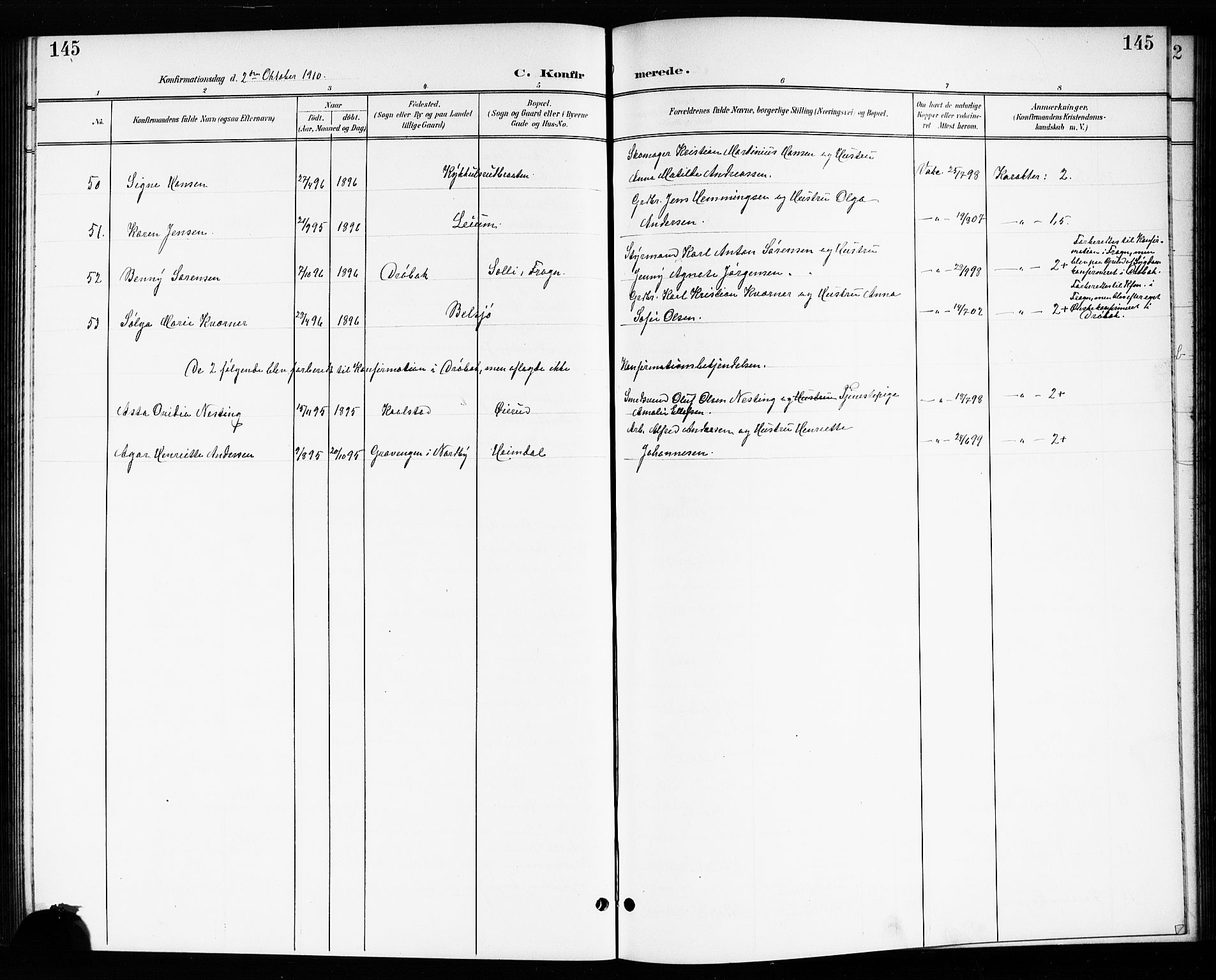 Drøbak prestekontor Kirkebøker, AV/SAO-A-10142a/G/Gb/L0001: Klokkerbok nr. II 1, 1901-1919, s. 145