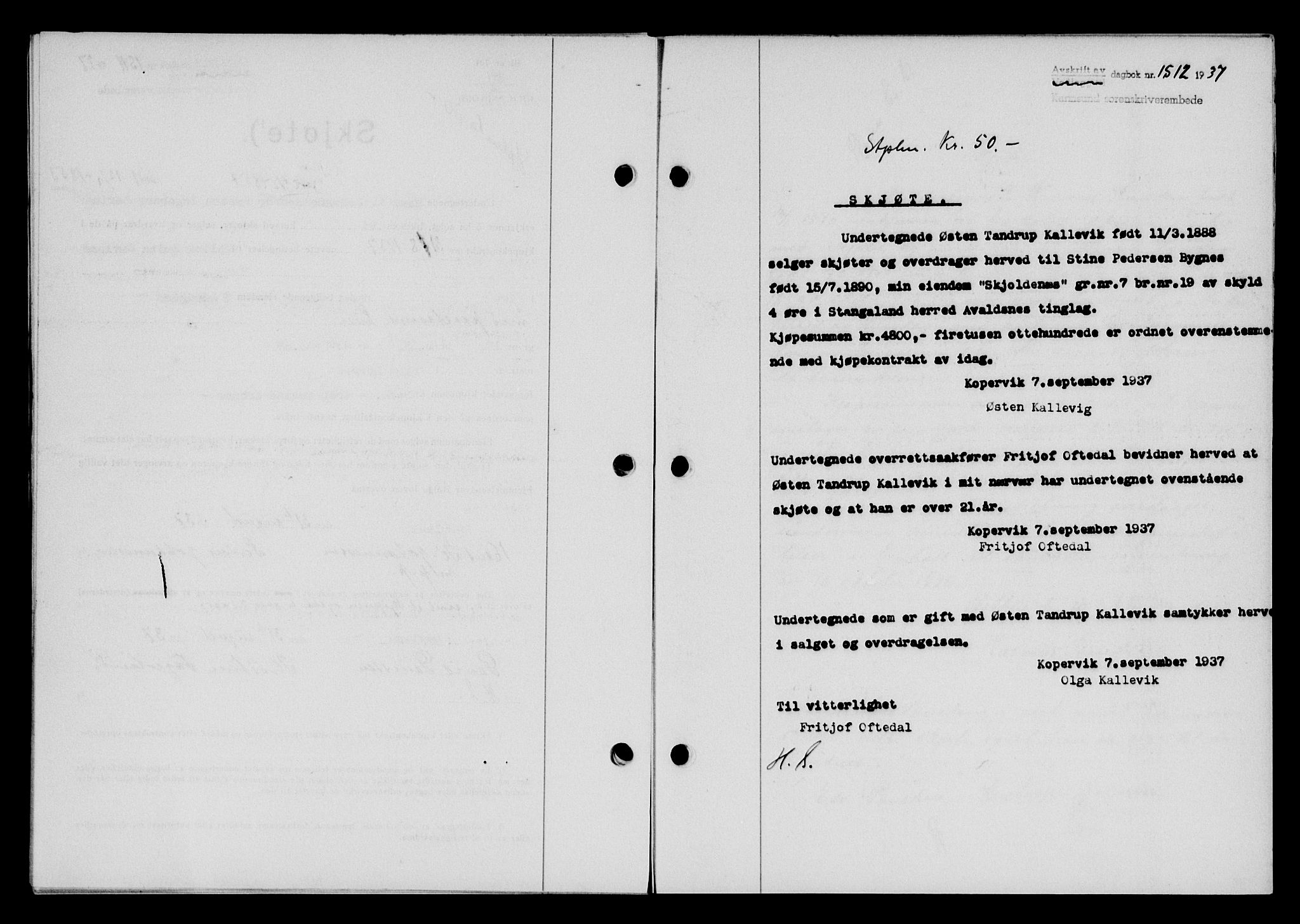 Karmsund sorenskriveri, SAST/A-100311/01/II/IIB/L0068: Pantebok nr. 49A, 1937-1937, Dagboknr: 1512/1937