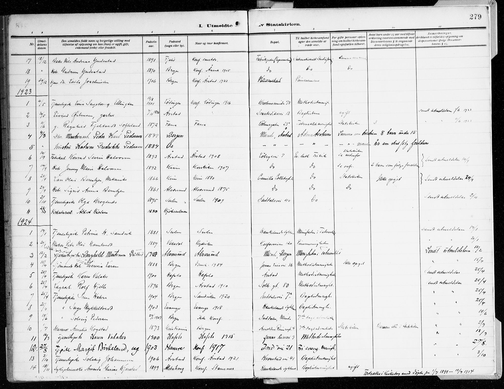 Årstad Sokneprestembete, AV/SAB-A-79301/H/Haa/L0003: Ministerialbok nr. A 3, 1914-1919, s. 279