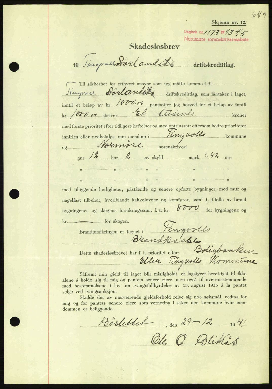 Nordmøre sorenskriveri, SAT/A-4132/1/2/2Ca: Pantebok nr. B90, 1942-1943, Dagboknr: 1173/1943