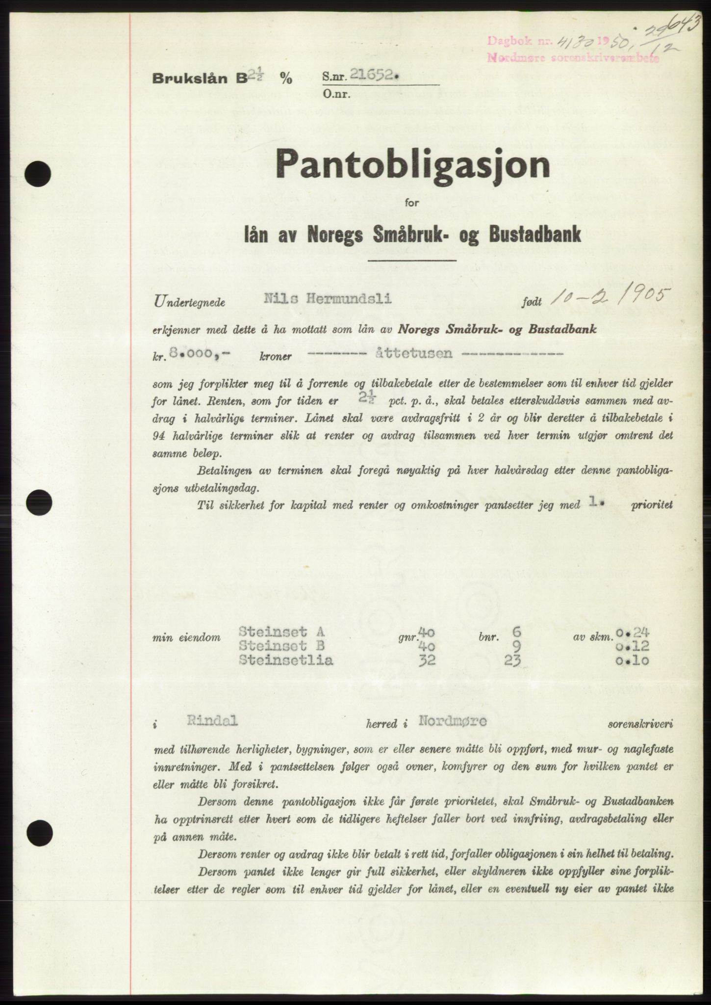Nordmøre sorenskriveri, SAT/A-4132/1/2/2Ca: Pantebok nr. B106, 1950-1950, Dagboknr: 4130/1950