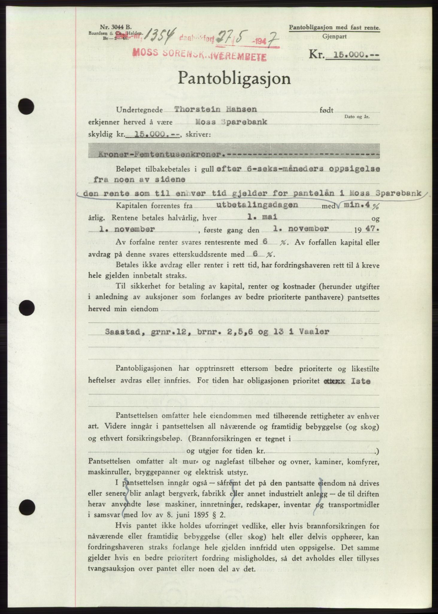 Moss sorenskriveri, SAO/A-10168: Pantebok nr. B17, 1947-1947, Dagboknr: 1354/1947