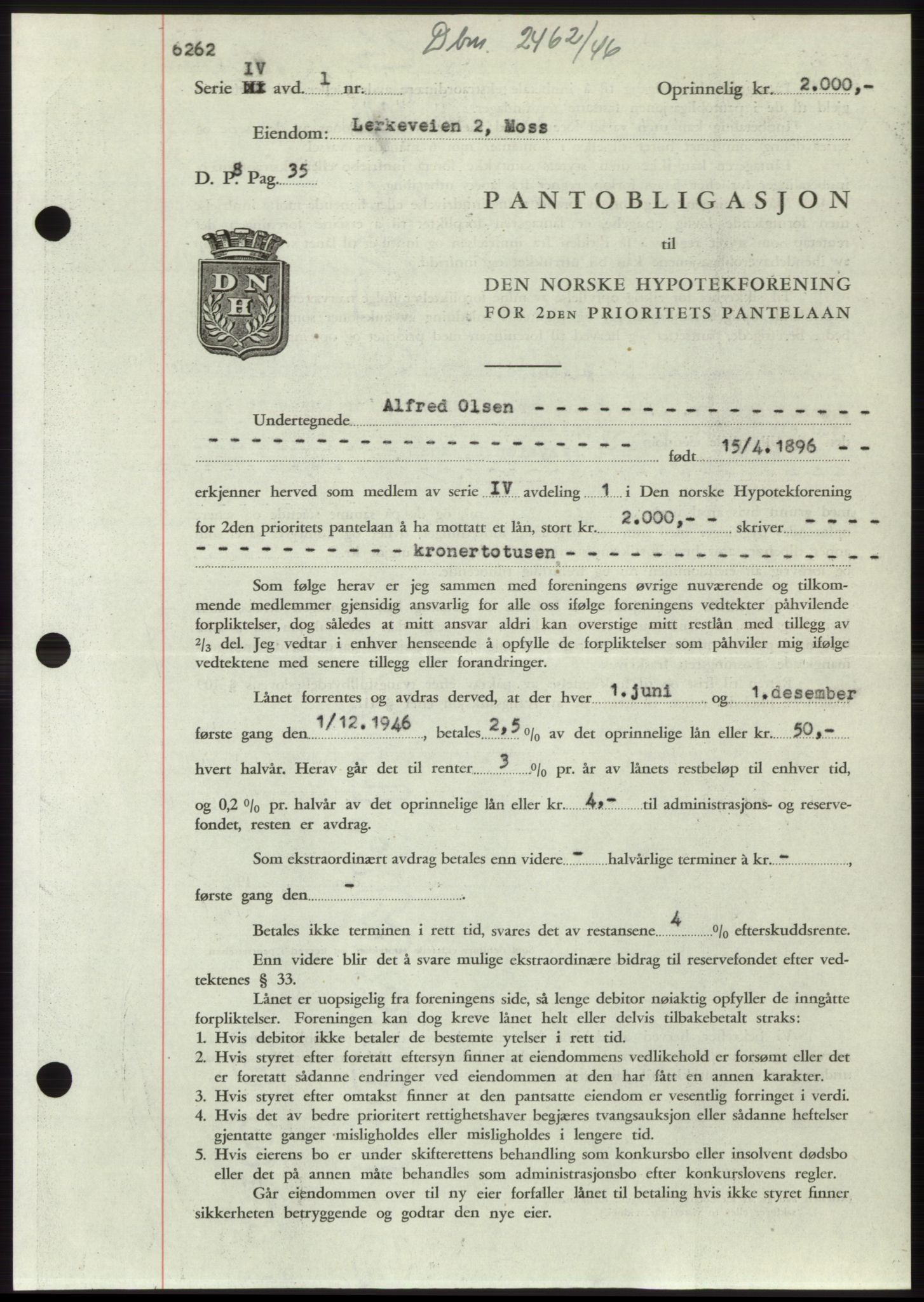 Moss sorenskriveri, SAO/A-10168: Pantebok nr. B16, 1946-1947, Dagboknr: 2462/1946