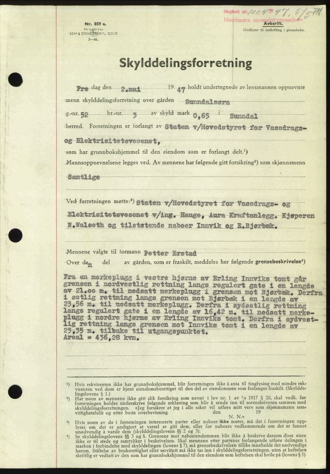 Nordmøre sorenskriveri, SAT/A-4132/1/2/2Ca: Pantebok nr. A104, 1947-1947, Dagboknr: 1004/1947