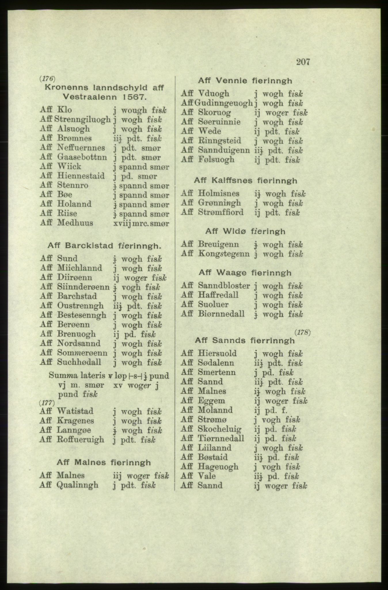 Publikasjoner utgitt av Arkivverket, PUBL/PUBL-001/C/0005: Bind 5: Rekneskap for Bergenhus len 1566-1567: B. Utgift C. Dei nordlandske lena og Finnmark D. Ekstrakt, 1566-1567, s. 207