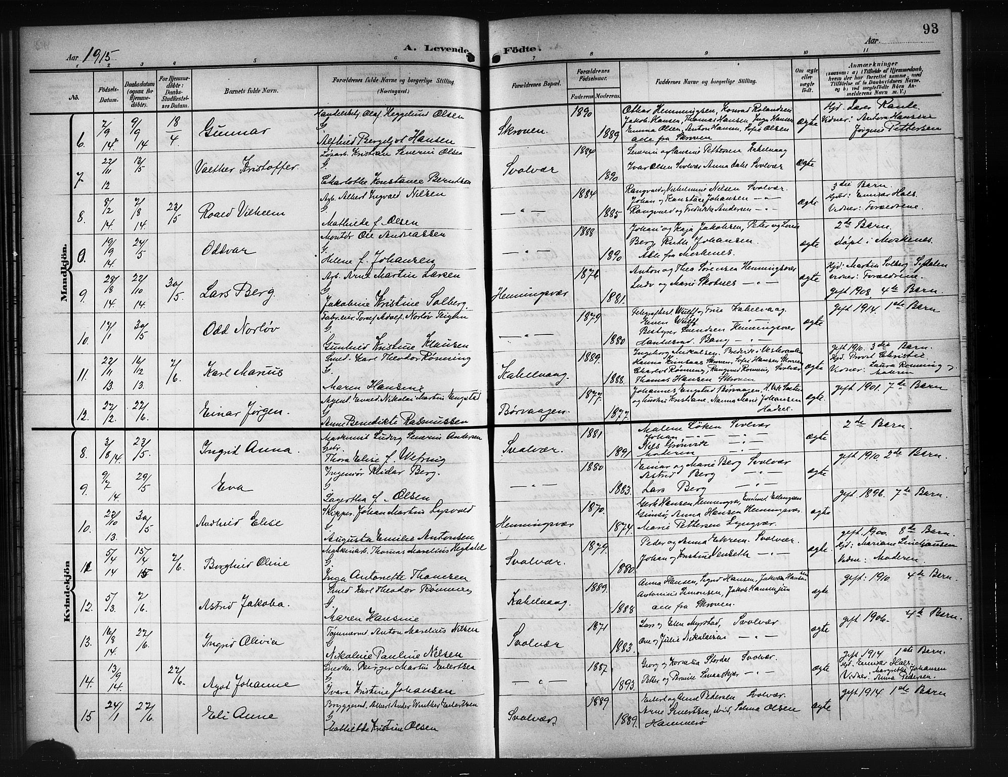 Ministerialprotokoller, klokkerbøker og fødselsregistre - Nordland, SAT/A-1459/874/L1079: Klokkerbok nr. 874C08, 1907-1915, s. 93