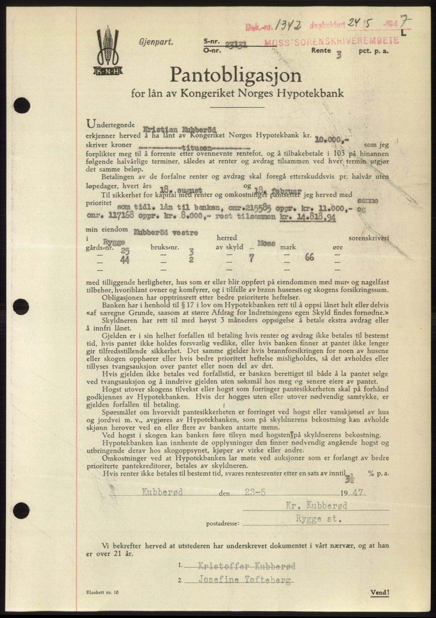 Moss sorenskriveri, SAO/A-10168: Pantebok nr. B17, 1947-1947, Dagboknr: 1342/1947