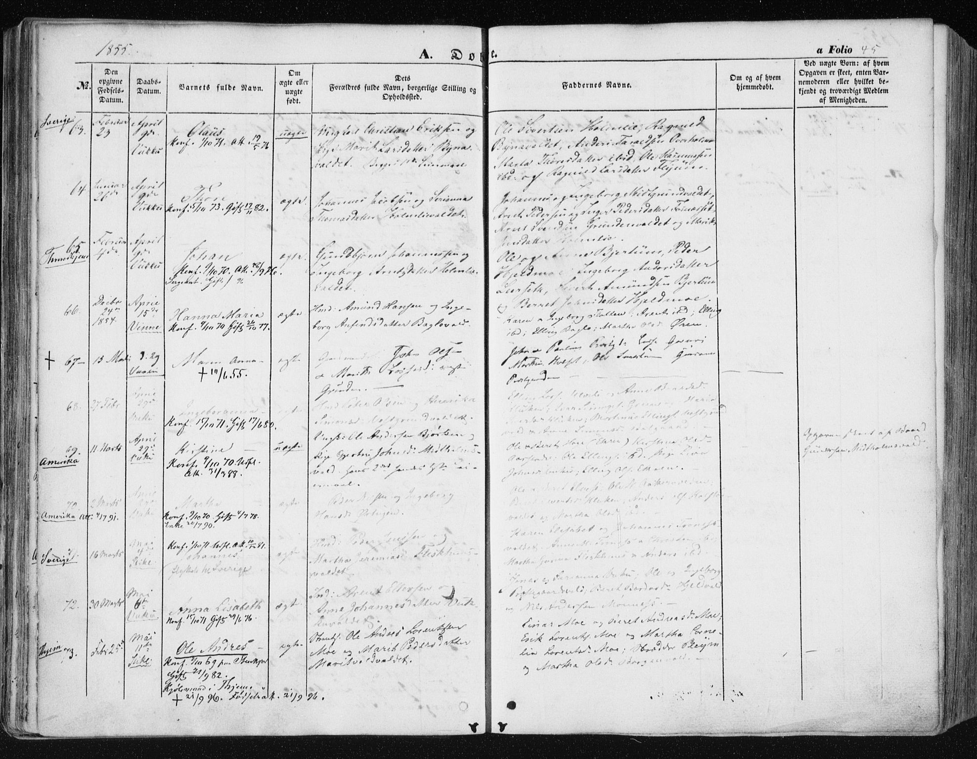 Ministerialprotokoller, klokkerbøker og fødselsregistre - Nord-Trøndelag, AV/SAT-A-1458/723/L0240: Ministerialbok nr. 723A09, 1852-1860, s. 45